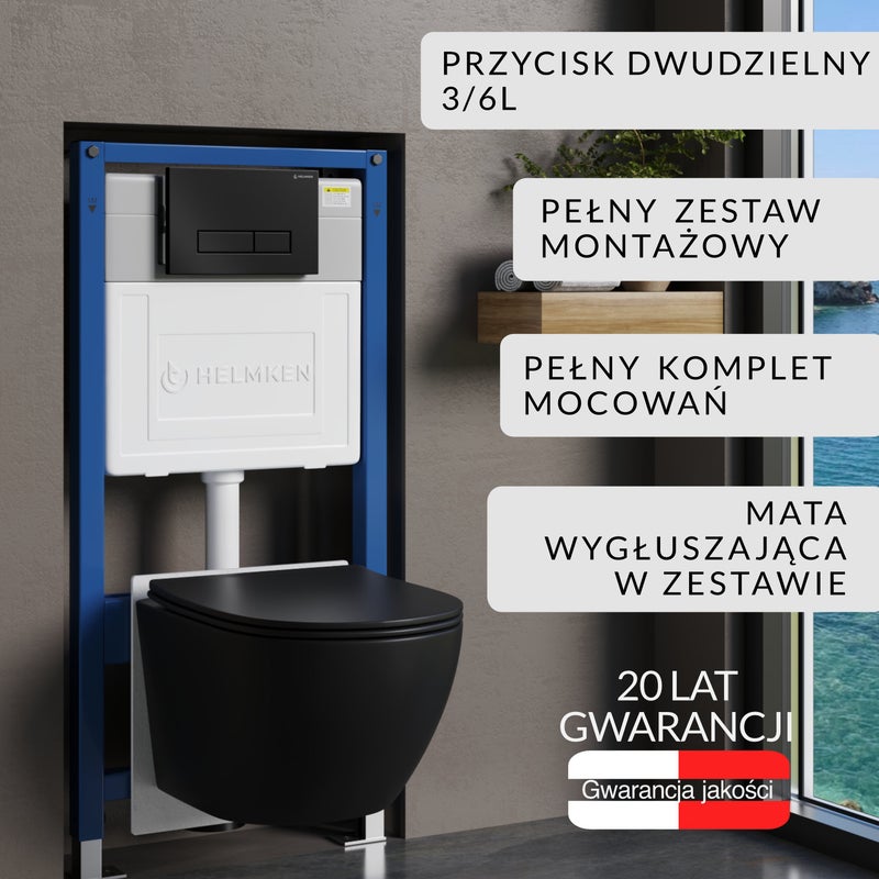 Zestaw podtynkowy WC Helmken 5w1: Stelaż, Czarny Mat Przycisk(HD), Miska bezkołnierzowa Rimless 35103001B (Matowa Czarna), Deska wolnoopadająca, Mata