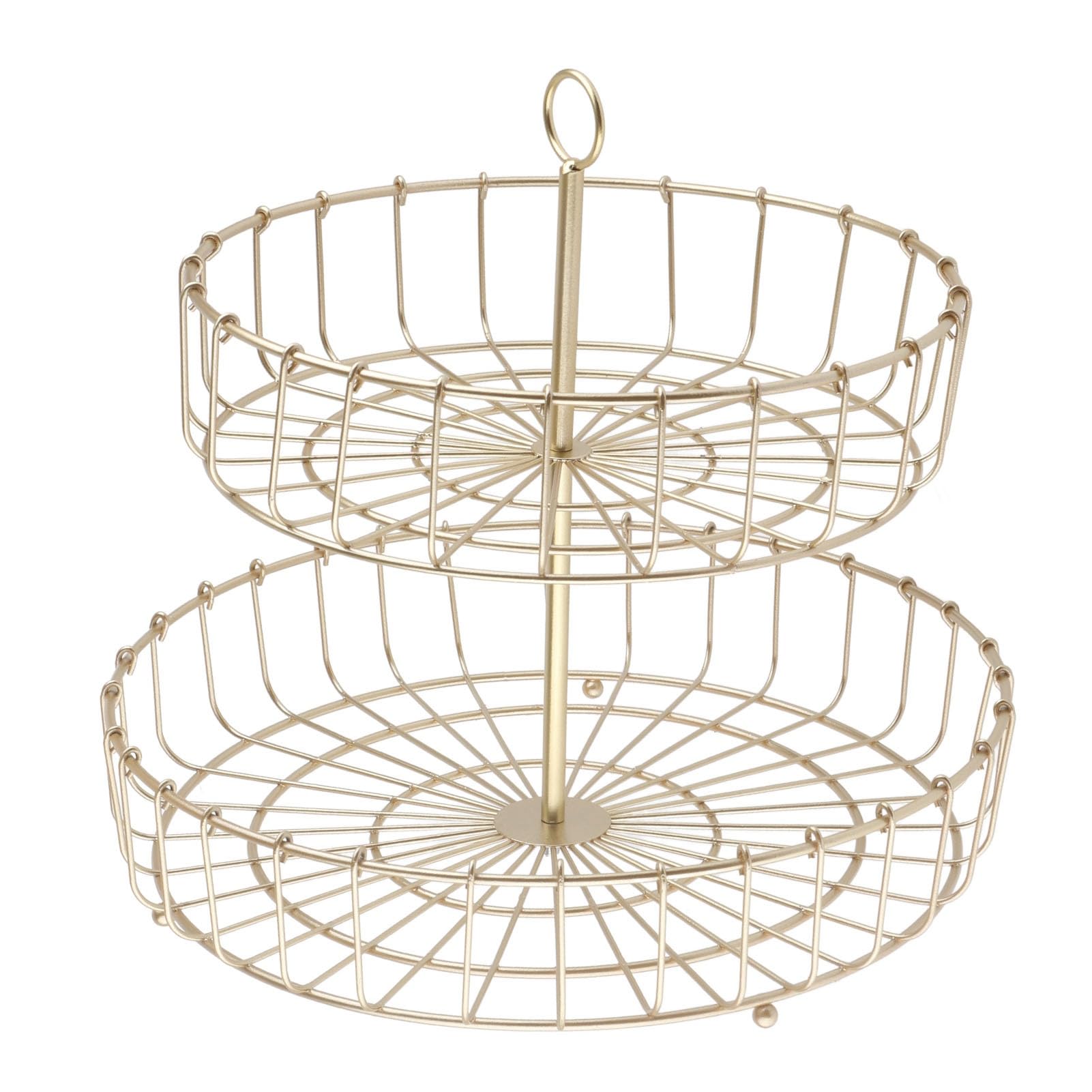 Cesto Portafrutta Geometrico A 2 Piani In Ferro Dorato - 32x32 Cm - Decorativo E Funzionale Per Cucina E Tavola