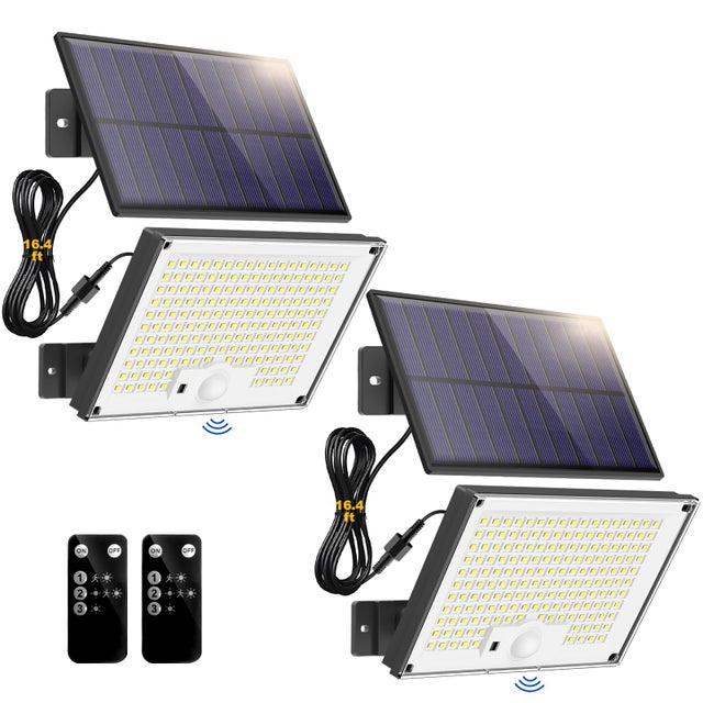 Lot de 2 lampes solaires à détecteur de mouvement, projecteur solaire 172LED avec télécommande, lumière de sécurité solaire étanche pour l'extérieur