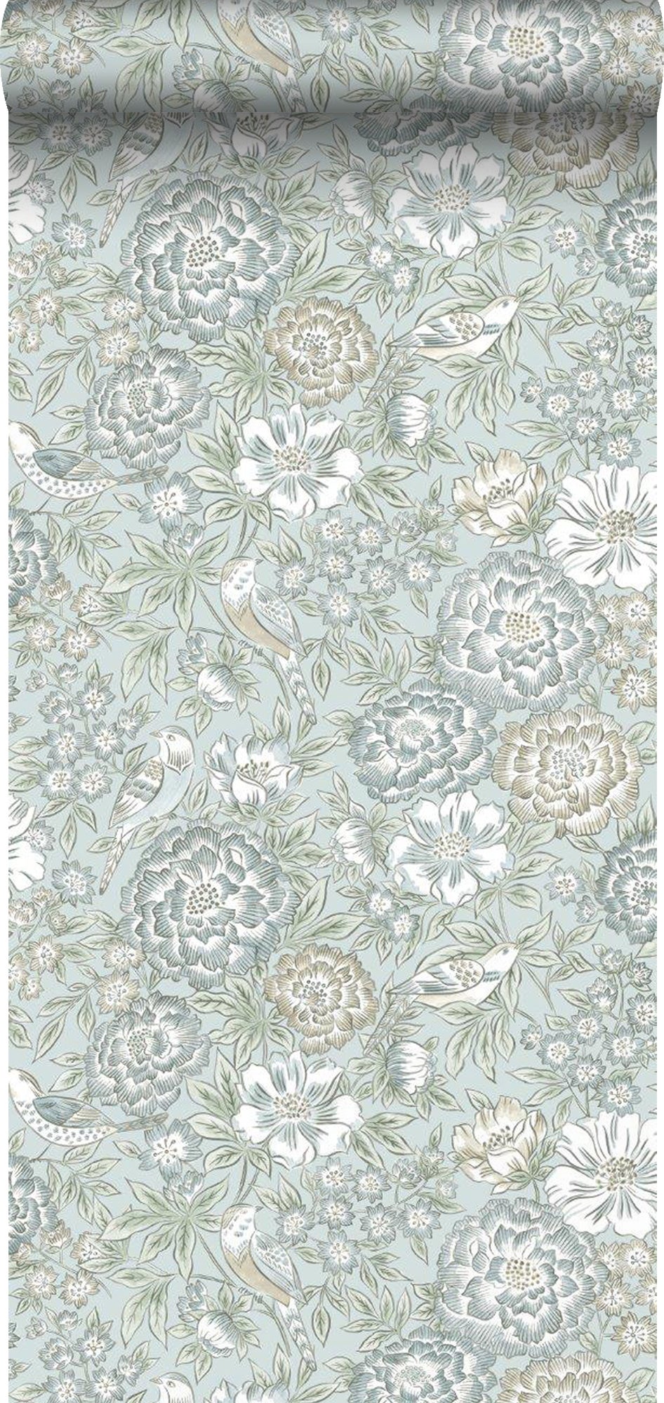 Papel pintado flores y pájaros azul agrisado - 53 cm x 10.05 m - borastapeter