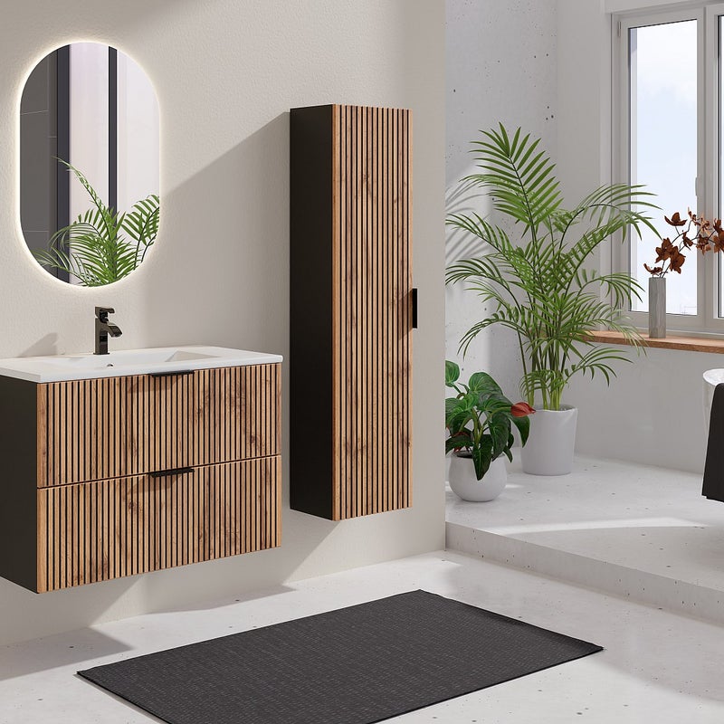 Szafka łazienkowa wisząca ryflowana z umywalką wpuszczaną w blat i słupkiem - Naturalny jasny i czarny - 80 cm - MADELA