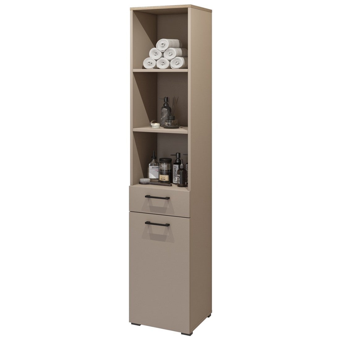 Conjunto de muebles de almacenamiento para lavadora colección WASHING – Mueble bajo y mueble alto – Topo y roble - 3