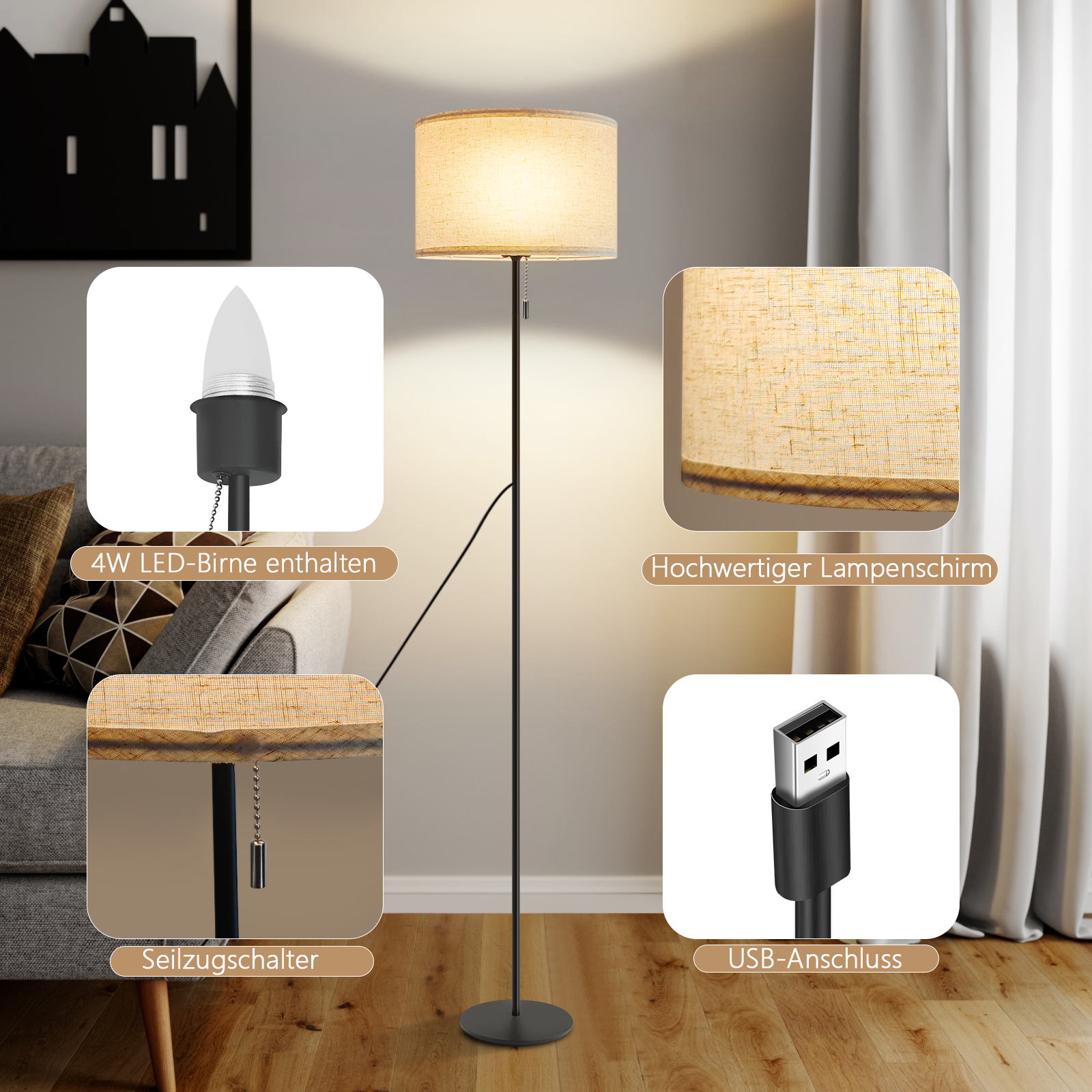 NETTLIFE Lampadaire LED à Intensité Variable Rétro Abat-jour En Tissu Pour Salon Avec Interrupteur à Tirette - 5