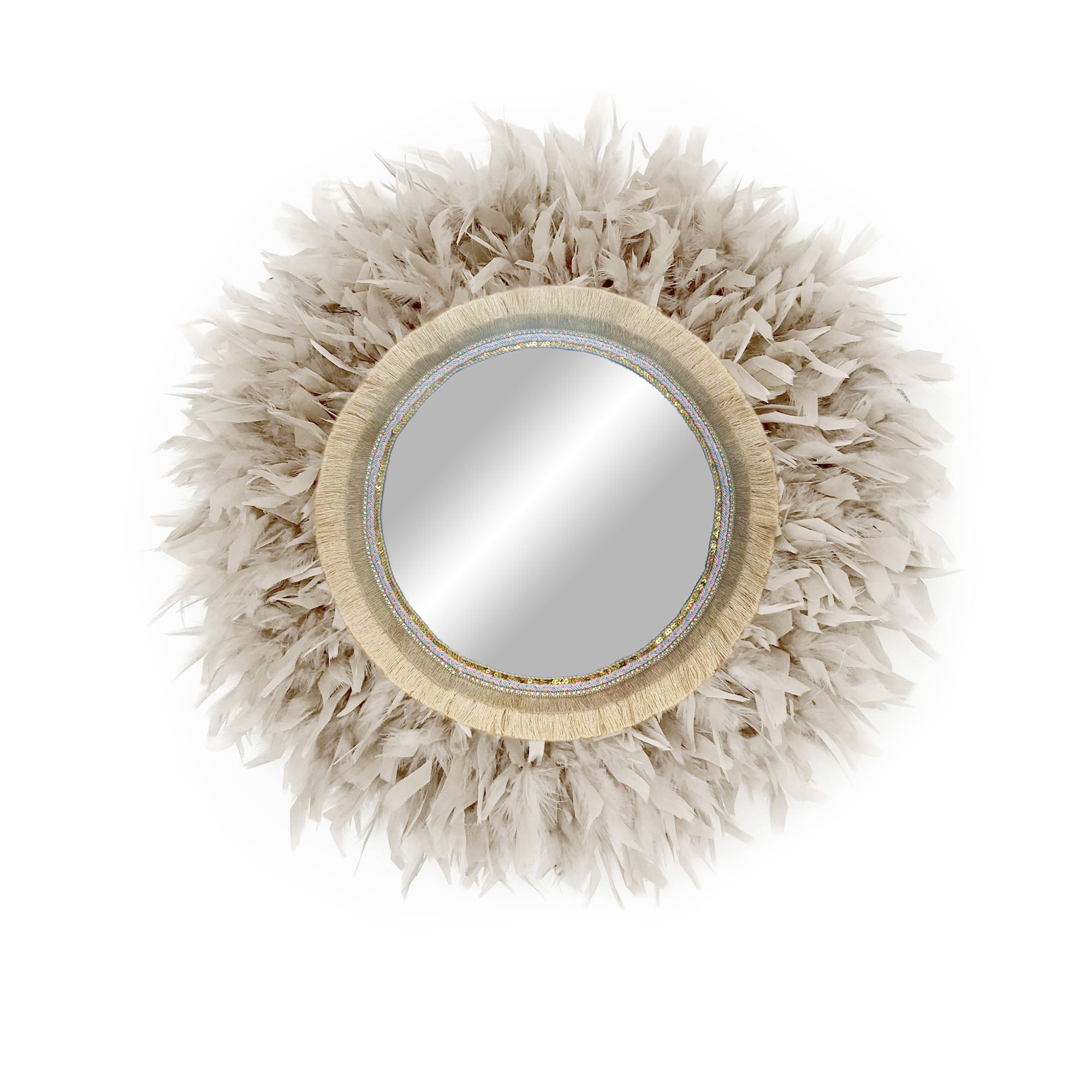 Espejo redondo con plumas naturales decoración boho para pared - mirror brilli brilli beige 90cm