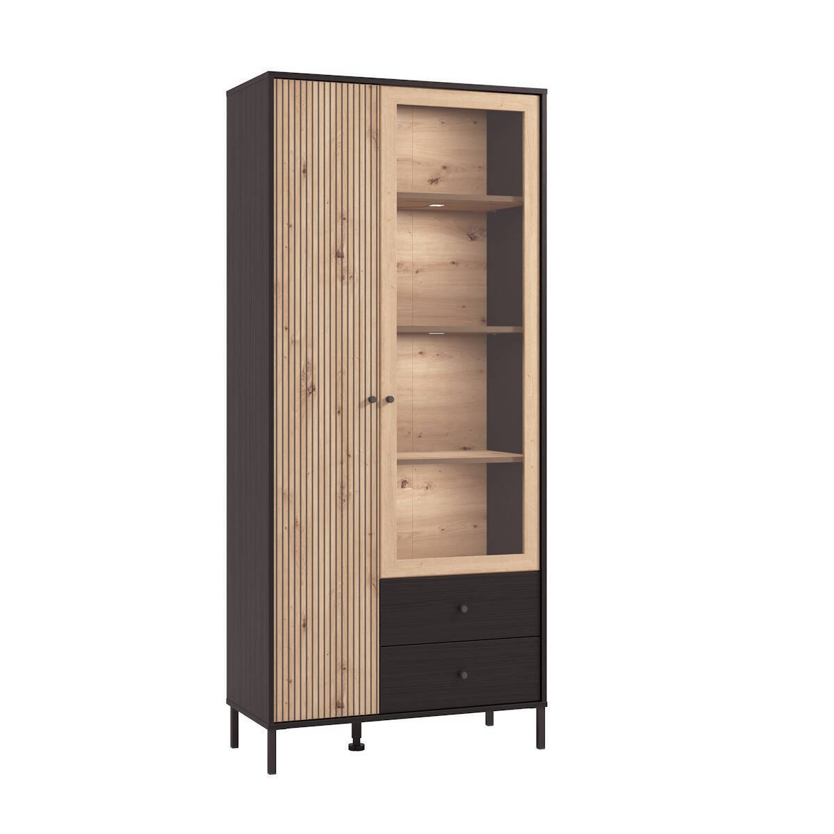 Vitrine alta carvalho Artisan e preto – 1 porta estreita, 1 porta com vidro e 2 gavetas, acabamento ébano, 86,5 x 40 x 195 cm