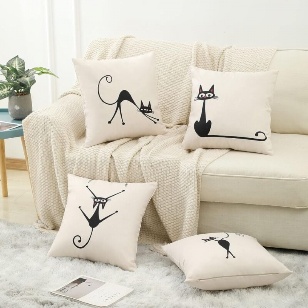 Federa Per Cuscino Quadrata In Lino Con Stampa Gatto, 45x45 Cm, Con Cerniera Nascosta – Decorazione Per Divano, Auto O Ufficio