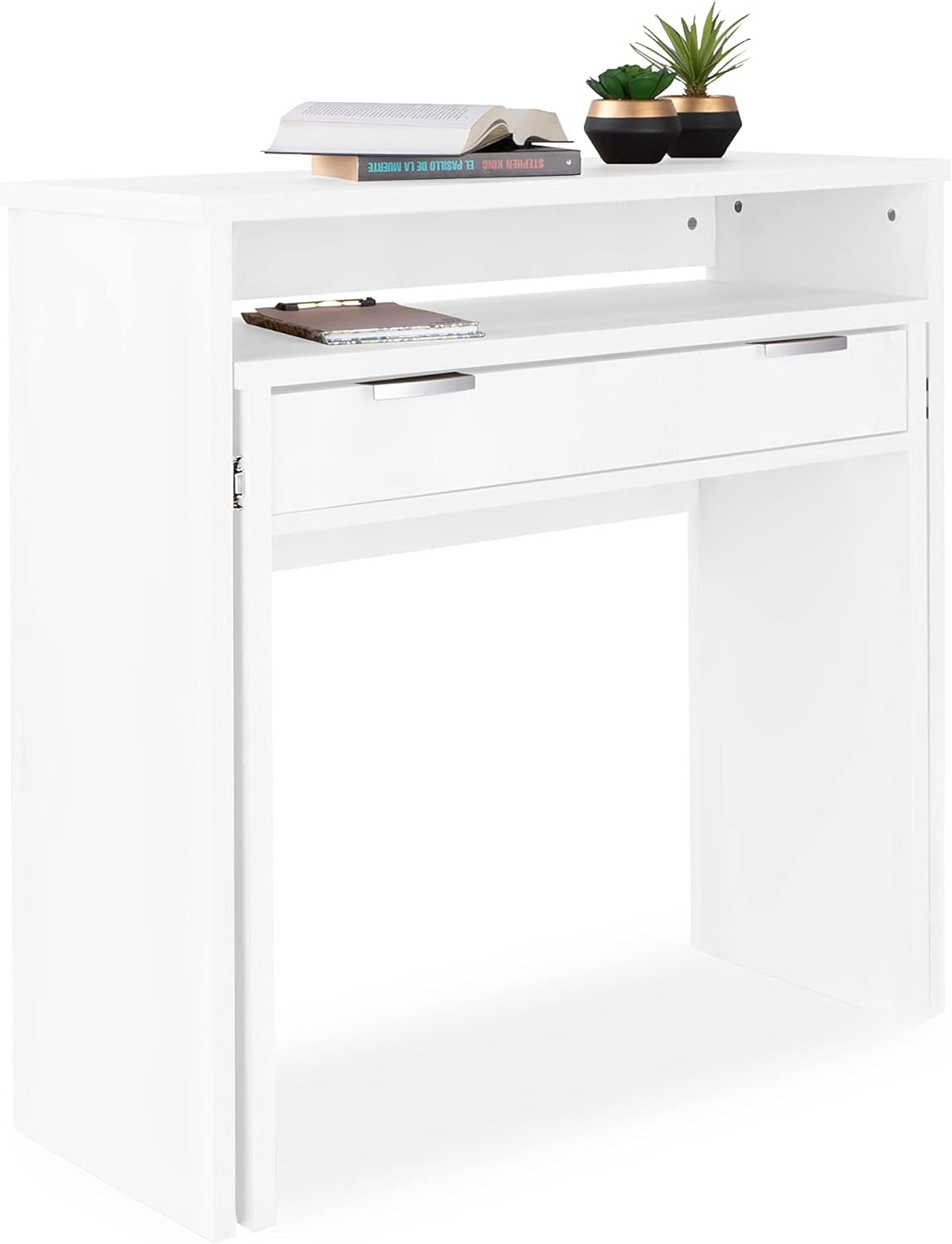 Secretária extensível, Mesa de consola extensível, Mesa de estudo, Branco, Medidas: 90 cm (comprimento) x 33-63,4 cm (largura) x 87,5 cm (altura)