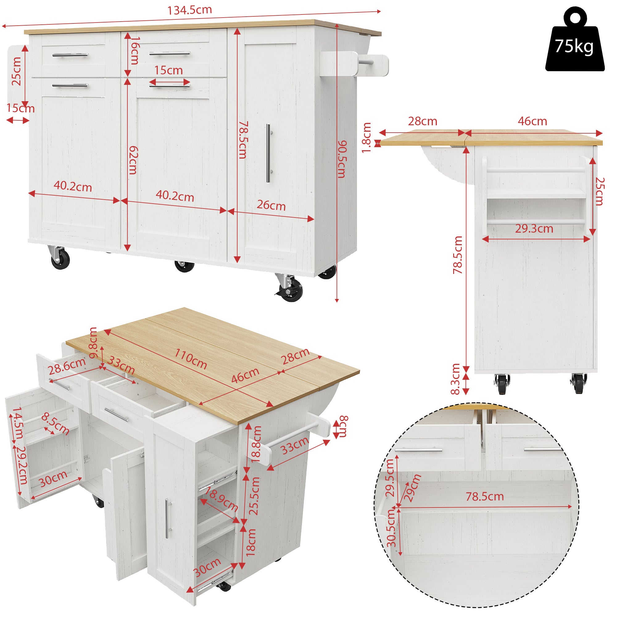 Ilot central de cuisine - chariot à roulette avec plateau escamotable - 2 tiroirs et 2 portes - Blanc - 4