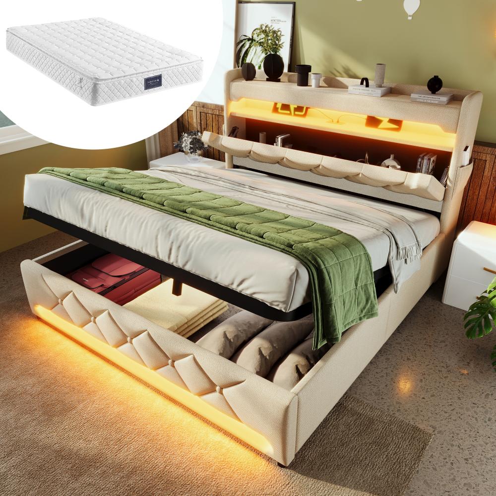 Łóżko 140x200 z miejscem do przechowywania, zagłówkiem USB/Typ-C, LED 360°, przestrzeń hydrauliczna, beżowa tkanina lniana, z materacem
