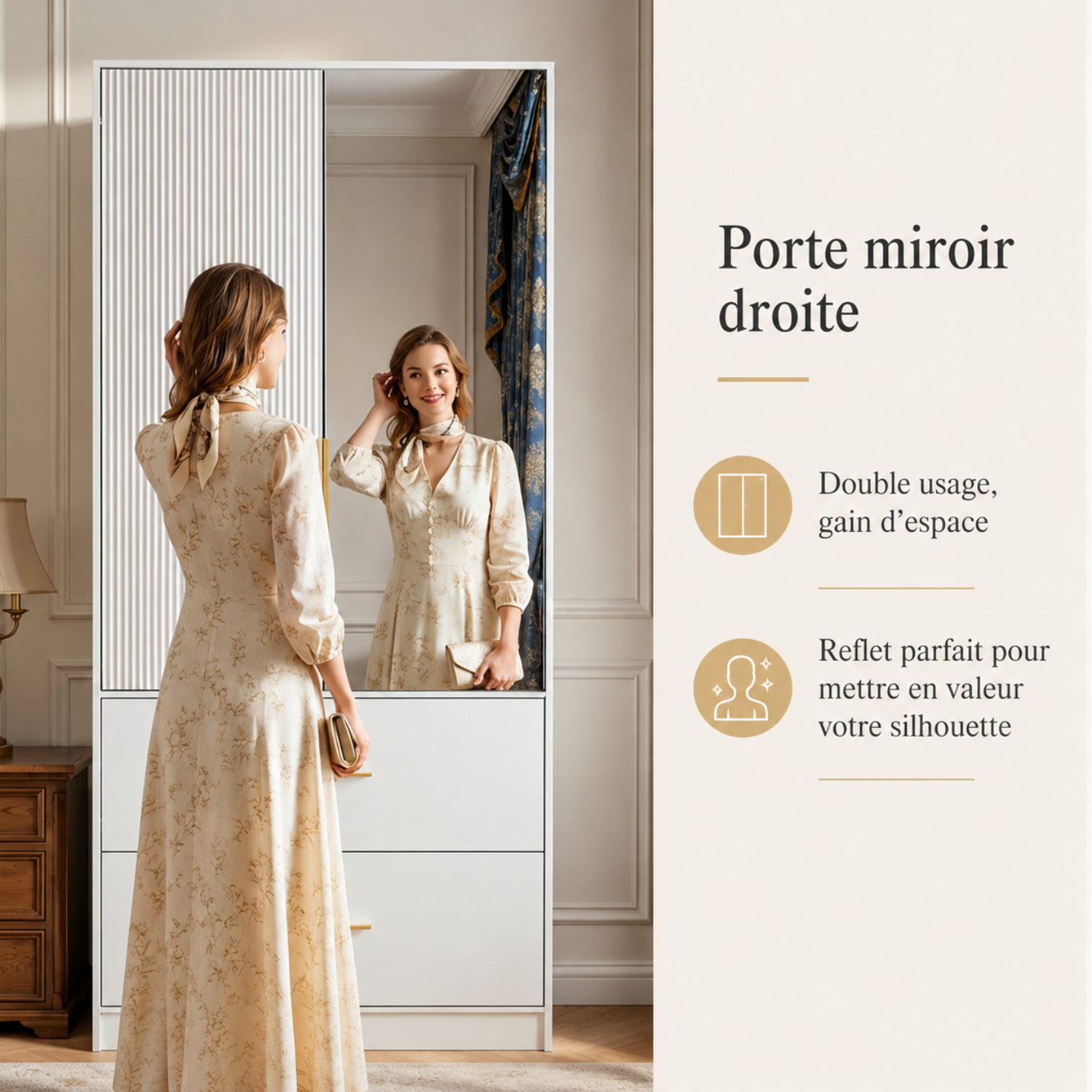 Armoire miroir avec 2 portes, 2 tiroirs et penderie, Armoire à vêtement avec LED, Chambre, 75x48x170, blanc - 4