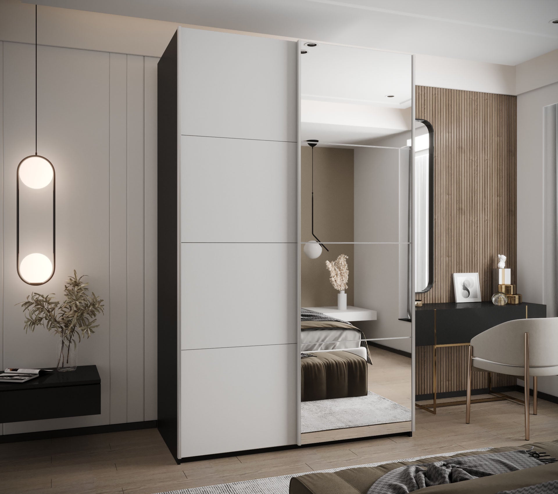 Szafa przesuwna wysoka Lux 3 150 x 64 x 245,5 cm czarny + biały + u. srebrny - Abiks Meble - 2
