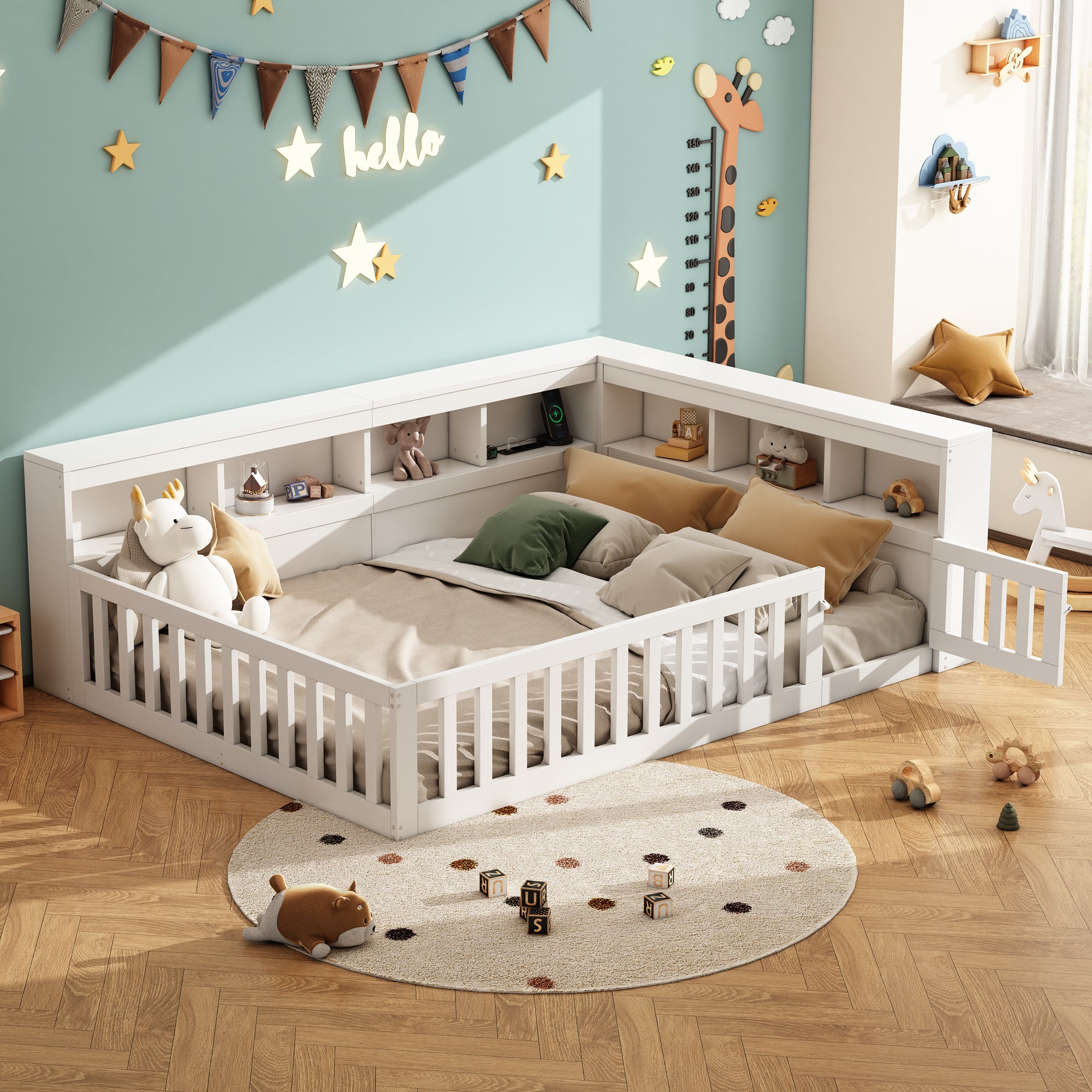 Tapczan 140x190cm z Schowkiem, Gniazdem USB i Elektrycznym, Wielofunkcyjna Sofa Rozkładana Biała Drewniana, ze Stelażem