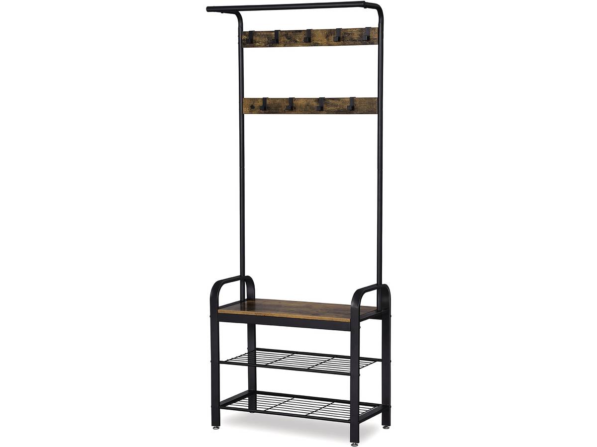 VASAGLE Appendiabiti con Scarpiera, Mobile da Ingresso con Panca, 4 in 1, 9 Ganci Rimovibili, Barra Attaccapanni, Entrata Corridoio, 33,7 x 72 cm, Ind