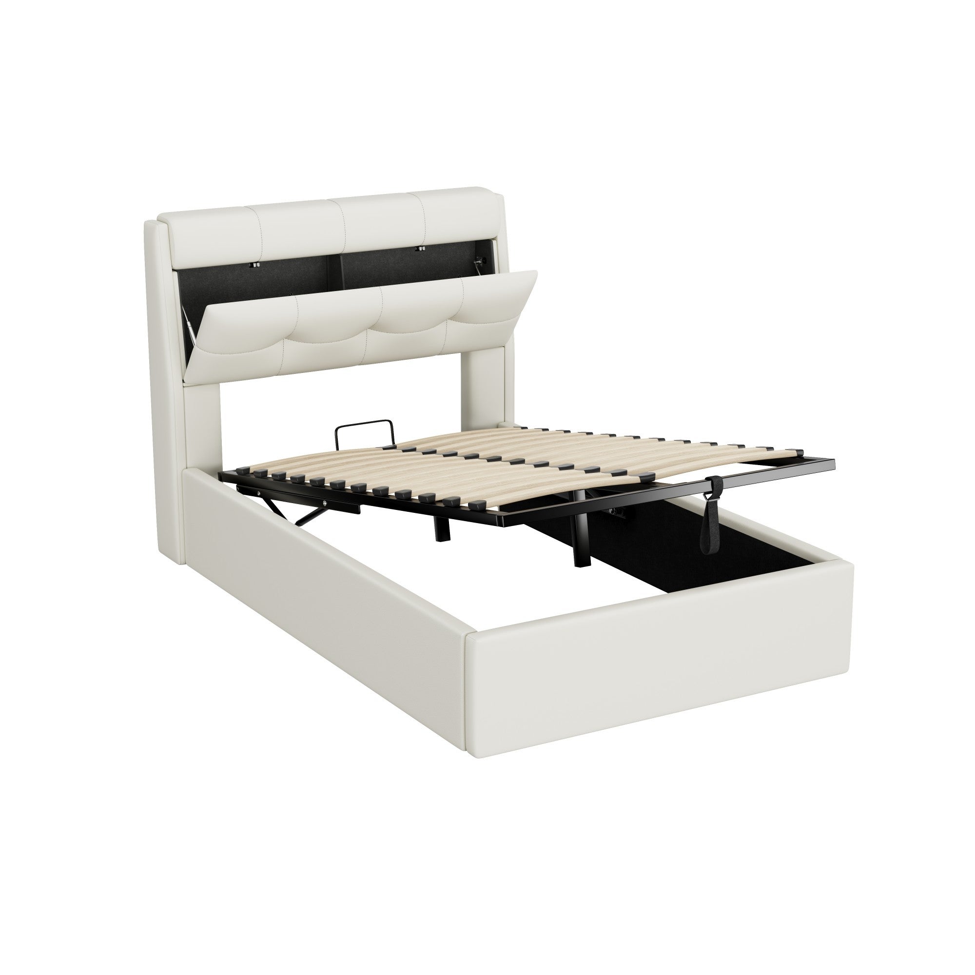 Lit coffre 90 x 200 cm avec tête de lit rangement - LEDs - Cuir PU - Blanc (sans matelas) - 9