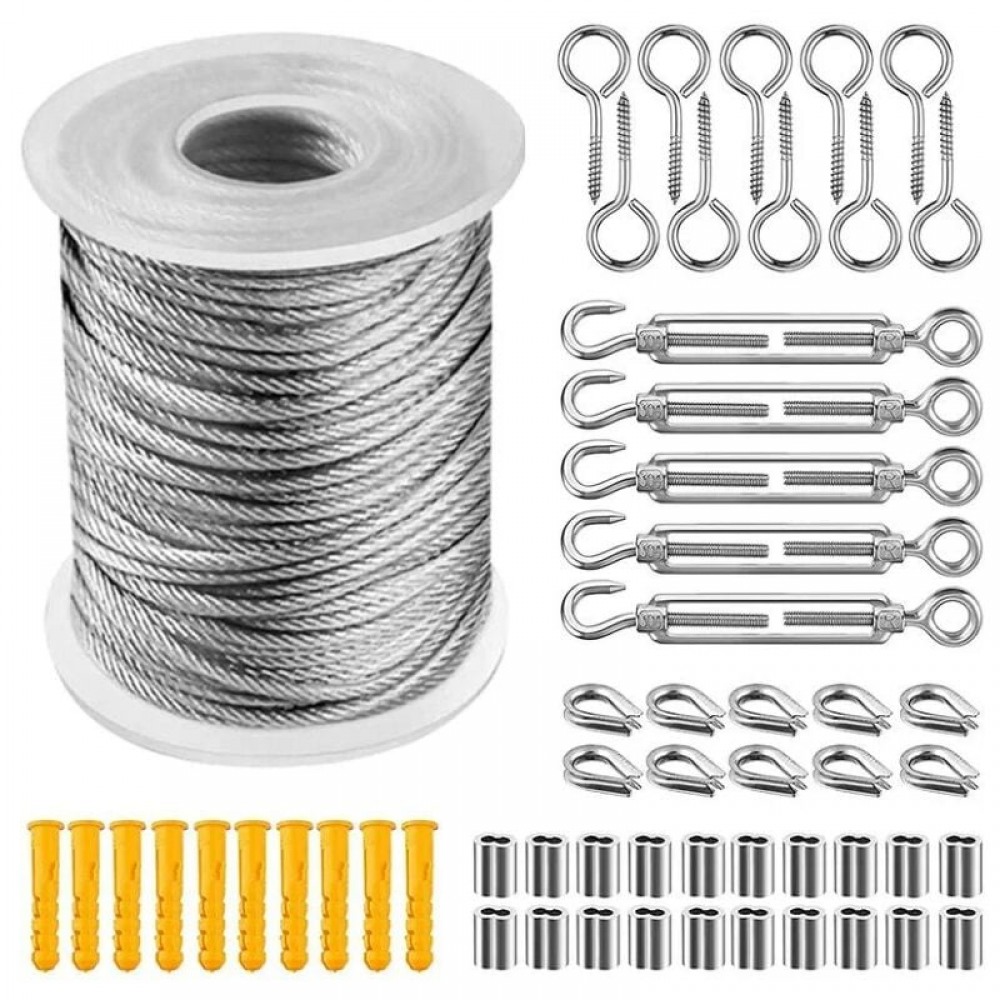 Zestaw do zawieszania lin ze stali nierdzewnej powlekanej nylonem, odpowiedni do lin namiotowych i linek na ubrania (30 m)