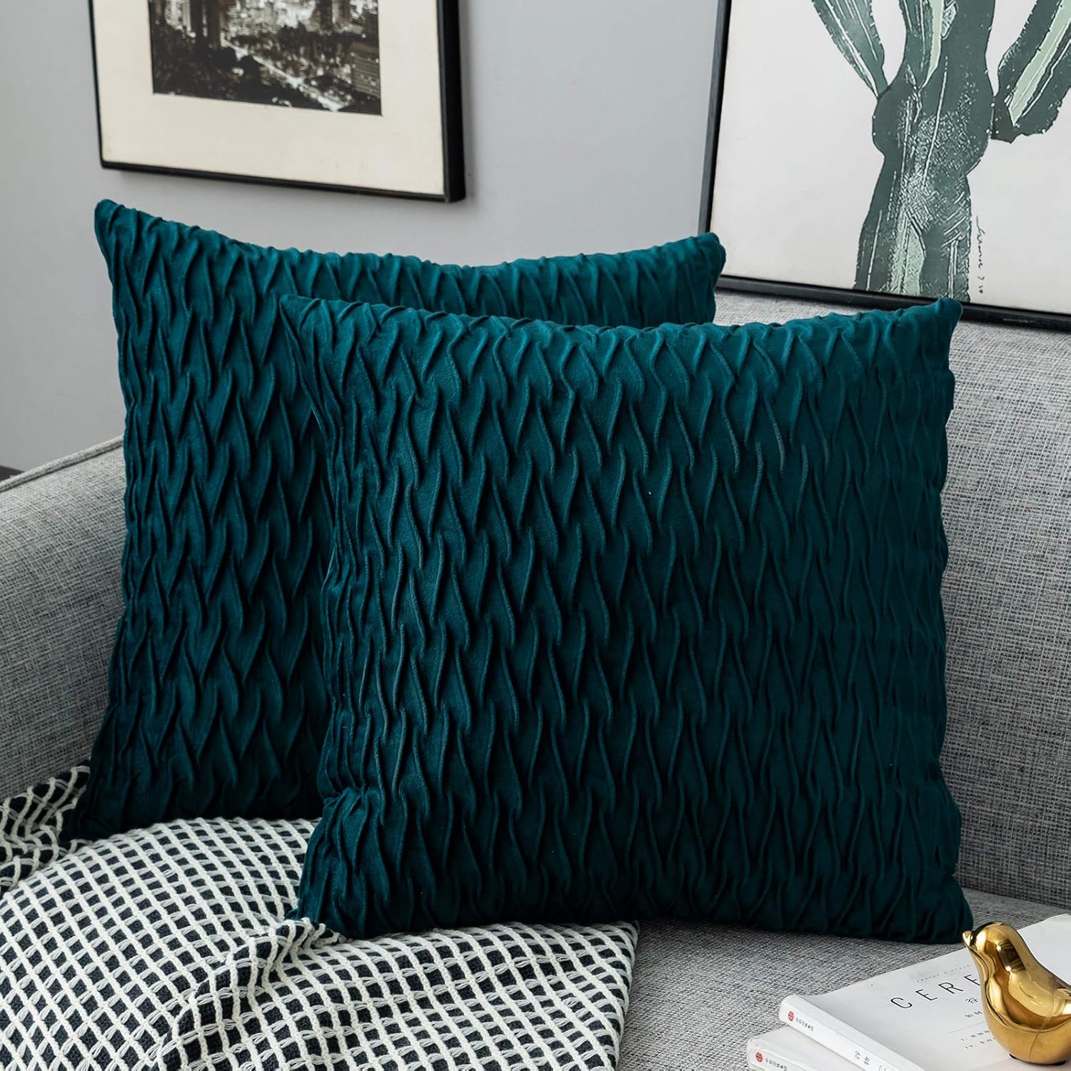 Lot De 6 Housses Coussin 45x45 Cm - Velours Vert Sauge - Déco Salon Canapé - Lavable Machine