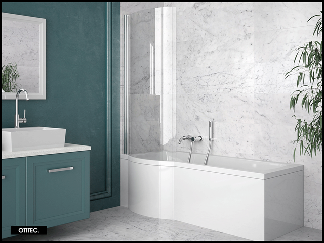 Baignoire asymétrique de 160 x 70 cm - Blanc - Gauche - avec Pare Baignoire 1 Volet - INSPIRO