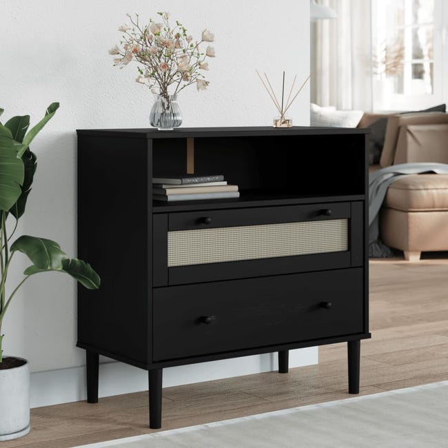Buffet SENJA aspect rotin noir 80x40x80 cm bois massif de pin | Leroy ...