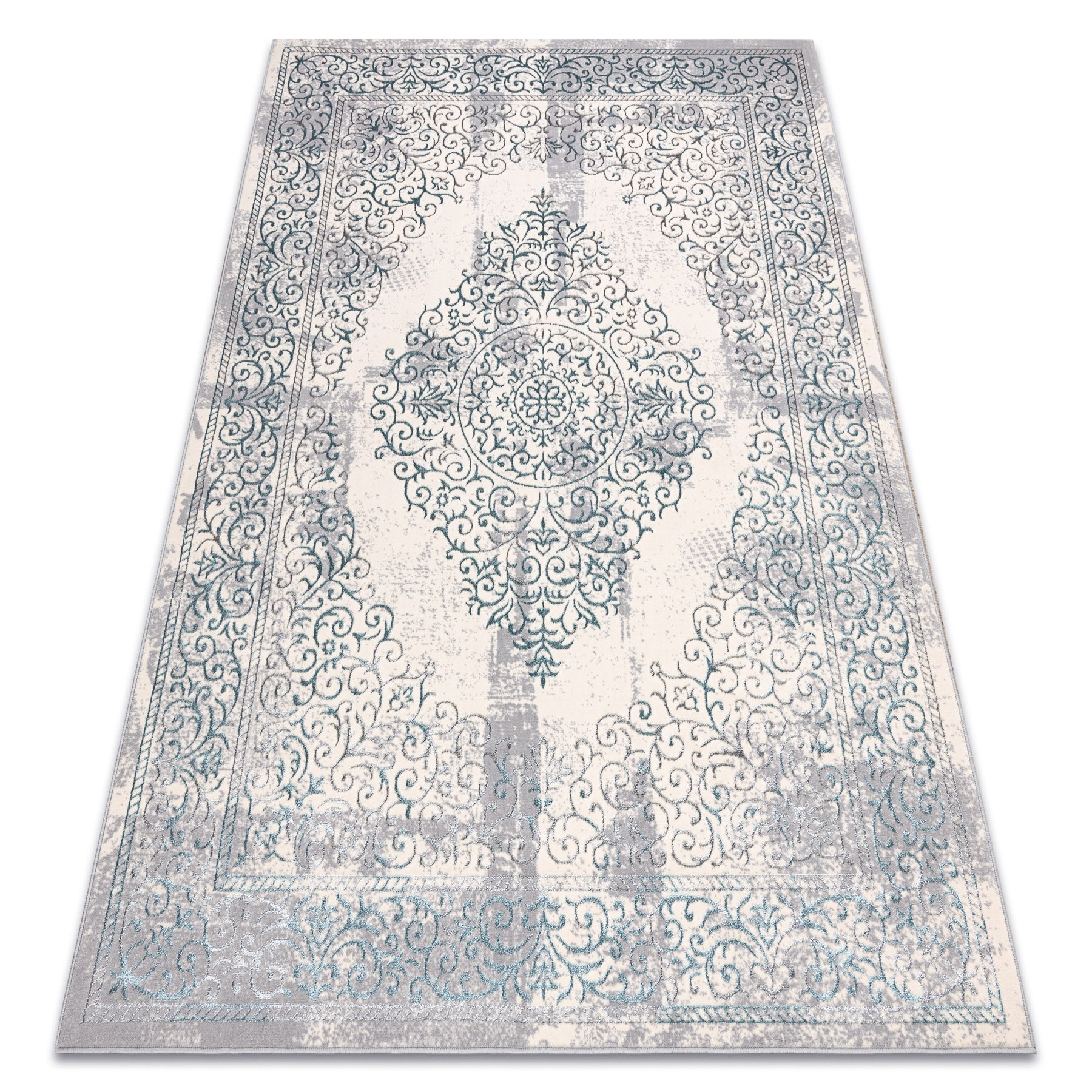Alfombra core w7161 roseta vintage - estructural, dos niveles de vellón, azul claro / crema / gris 160x220 cm