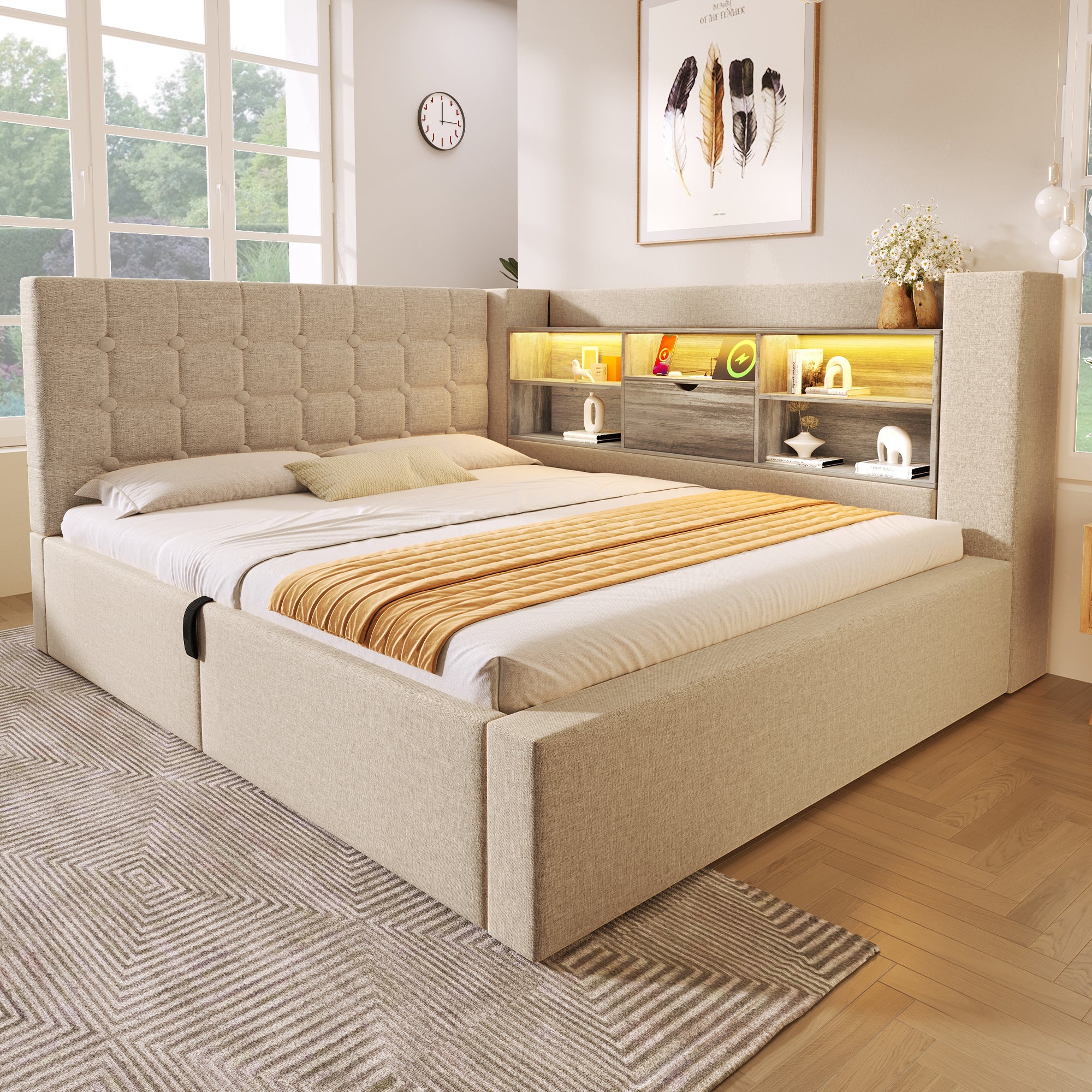 Sofa rozkładana 140x200 cm z pojemnikiem na pościel - z diodami LED i portem ładowania - z podstawą z listew - tkanina lniana - beżowa - 2