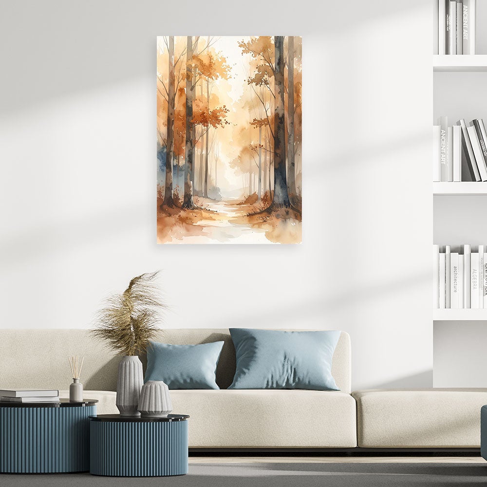 Obraz do salonu sypialni, Jesienny Beżowy Las Akwarelowy Leśny Pejzaż w Stylu Skandynawskim 60x90 - 2