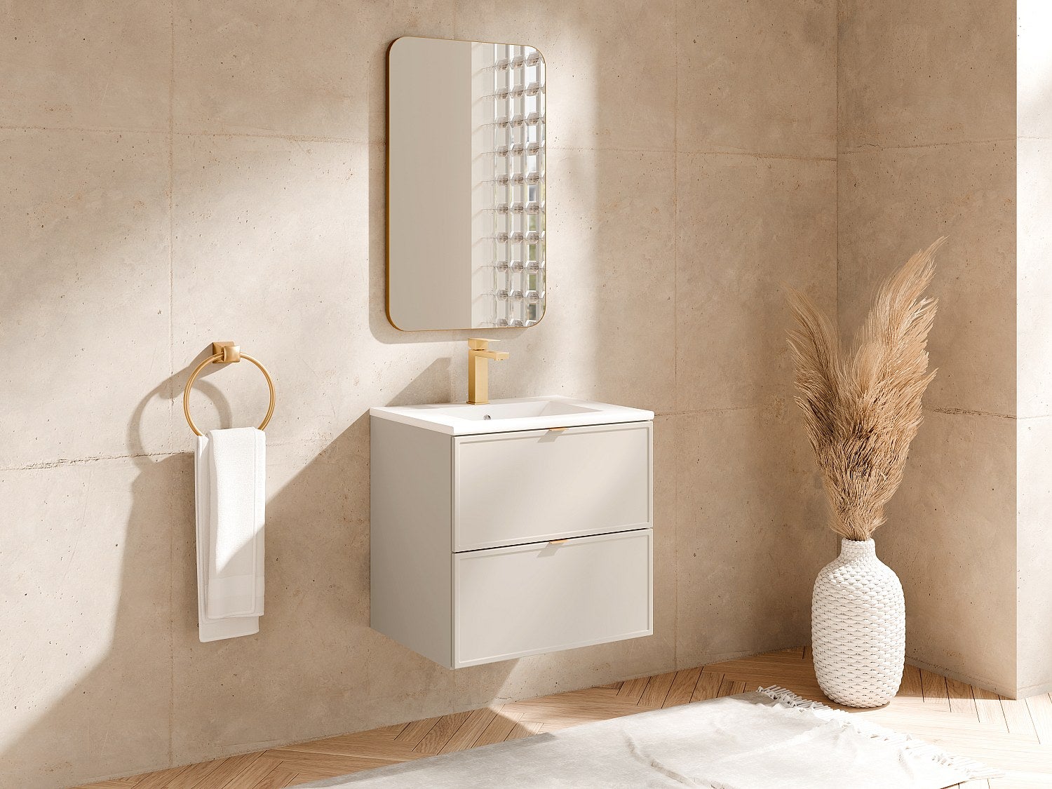 Wisząca szafka łazienkowa z umywalką wpuszczaną – beżowa – 60 cm – ONDIL