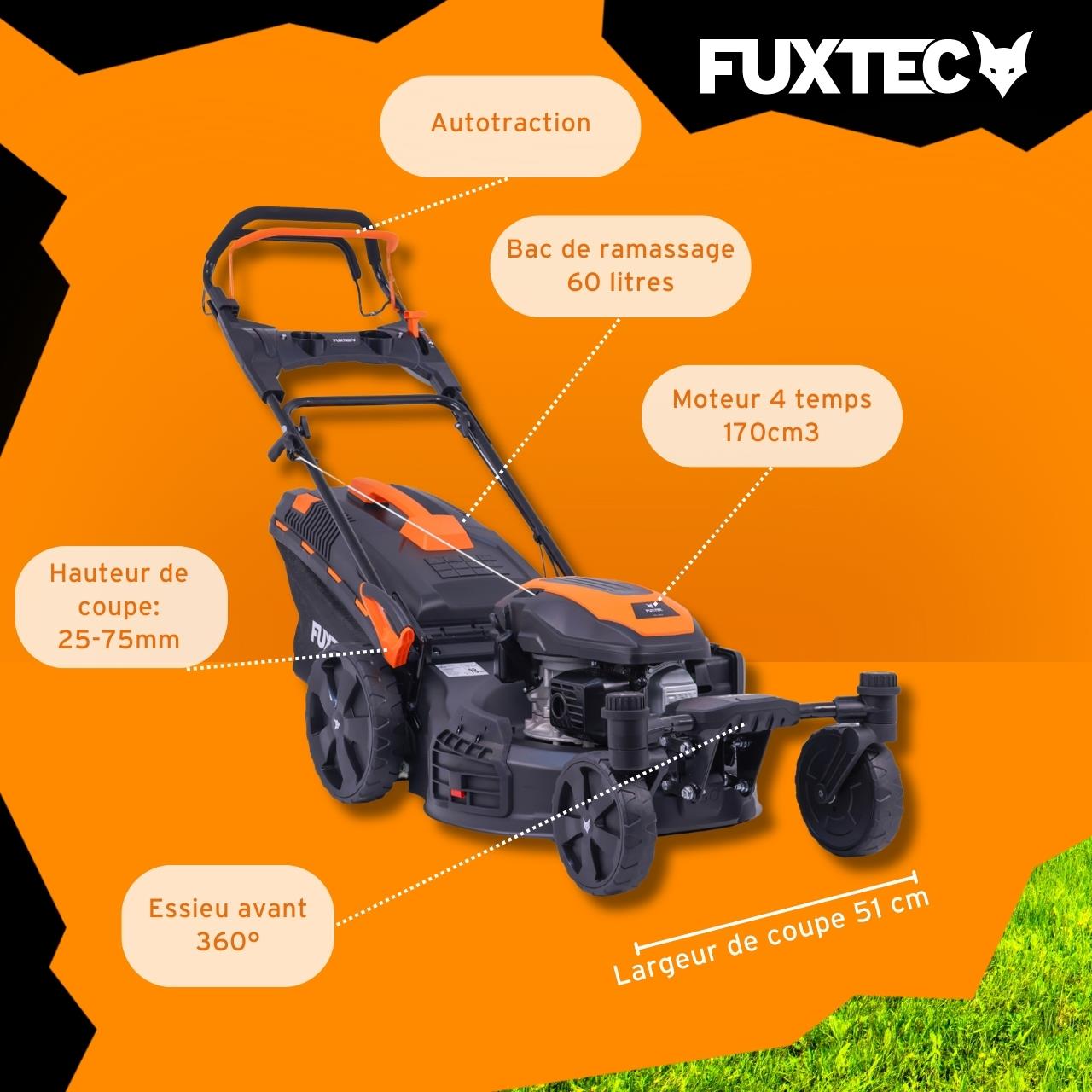 Tondeuse à gazon thermique autotractée FUXTEC FX-RM5170agile – 51 cm – 170 cm³ – 60L – Roues pivotantes – Easy Clean – Mulching - 6