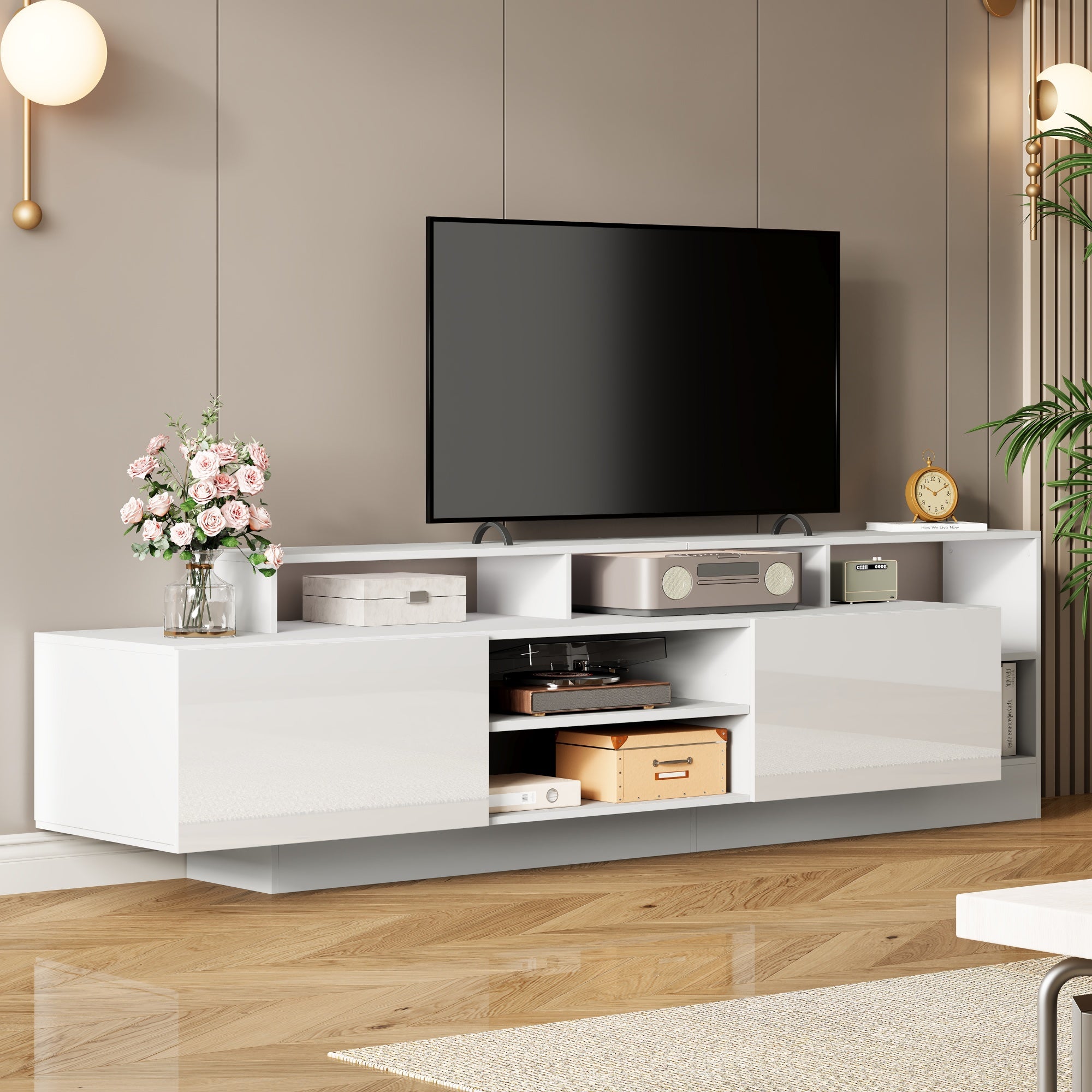 Meble pod TV 190x40x48,5 cm - z oświetleniem LED - z 2 frontami odchylanymi - Otwarta przestrzeń do przechowywania - Błyszczące wykończenie - Biały - 4