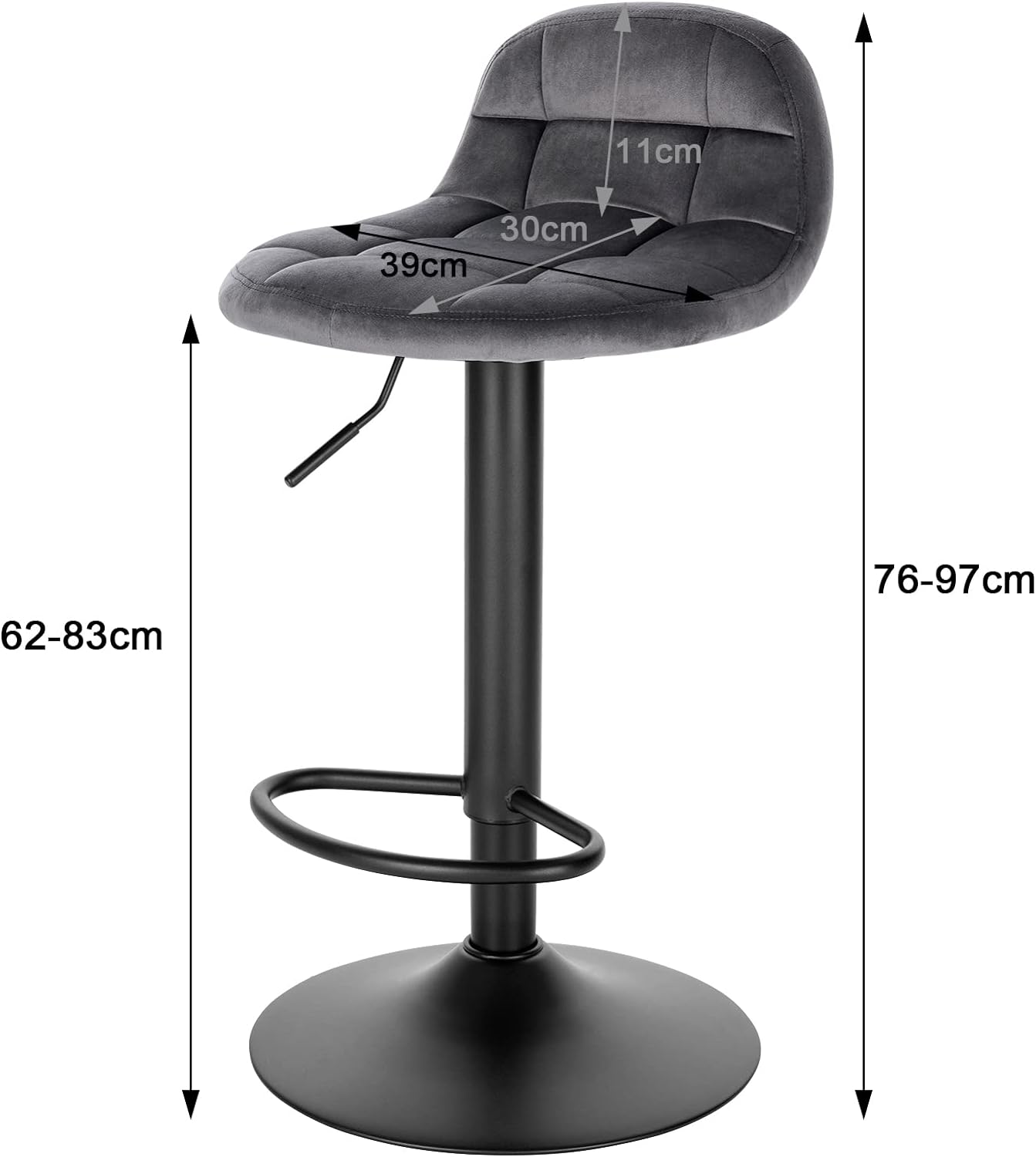 Lot de 4 Tabourets de Bar en Velours WOLTU, Tabouret de Comptoir Tabouret Haut Hauteur Réglable Pivotant à 360°, Gris Foncé - 4