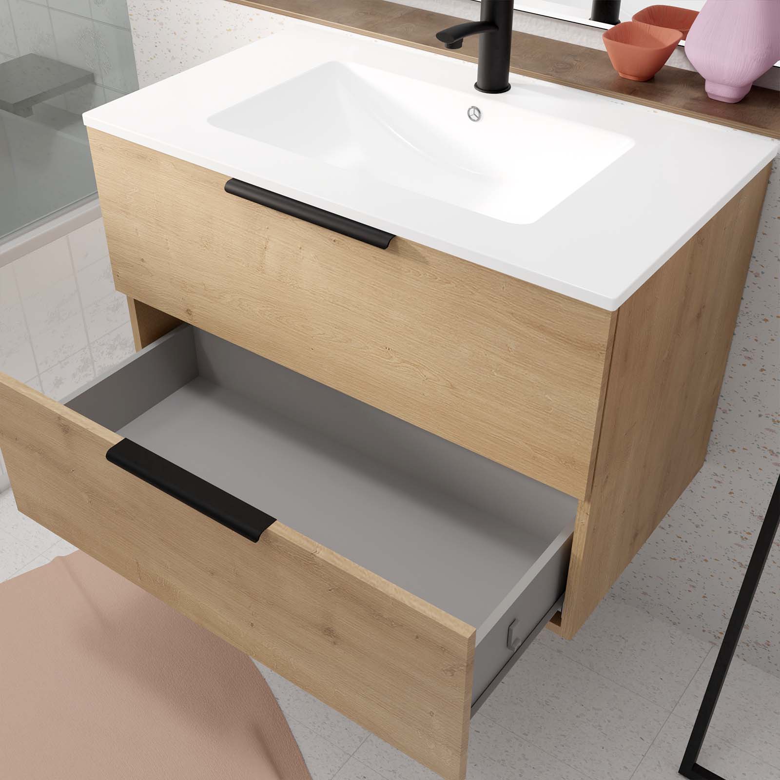 Meuble de Salle de Bains 60cm Suspendu Decor Bois Clair 2 Tiroirs - Vasque Blanche - ELEMENTARY - 7