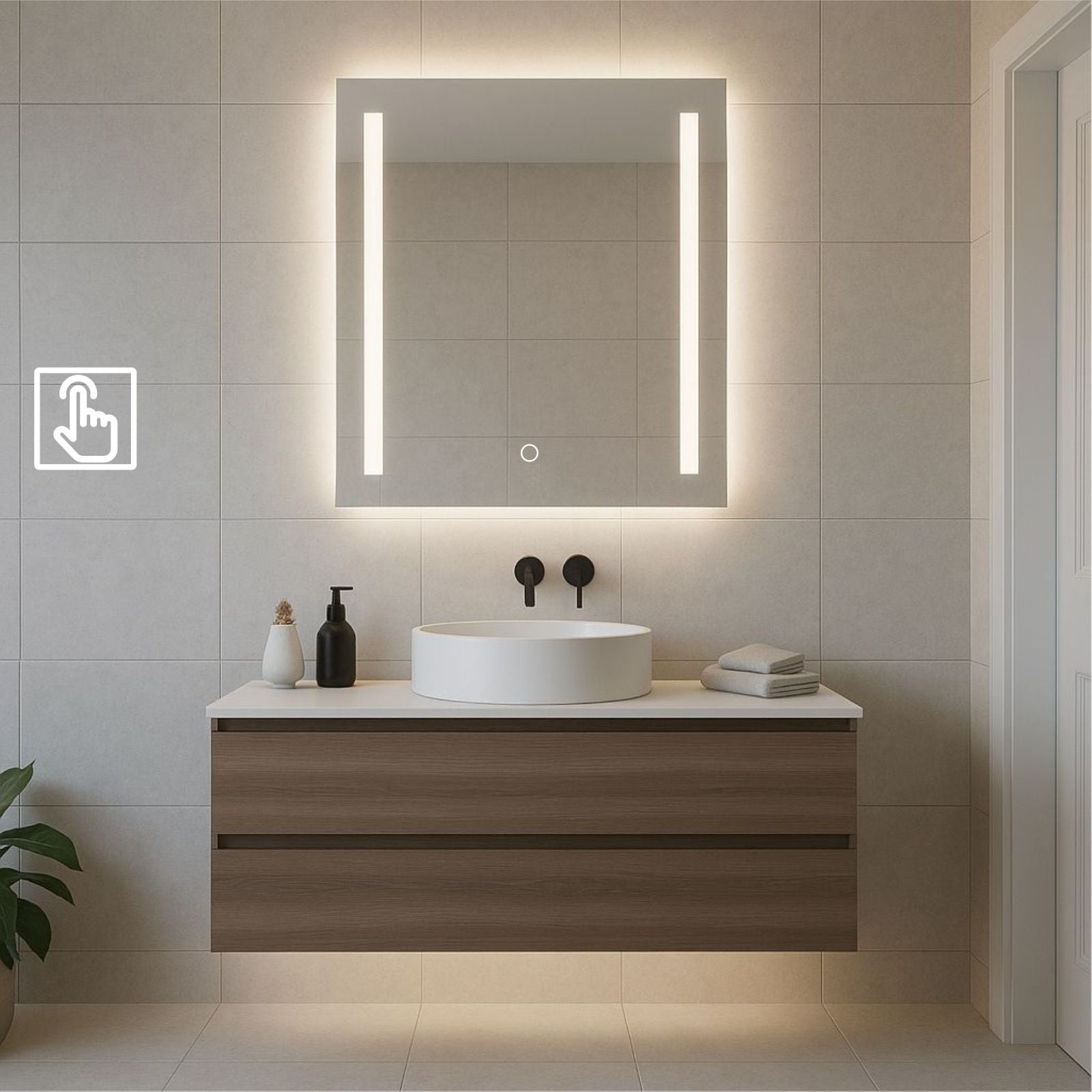 Specchio a filo lucido 60x80H cm con fascie sabbiate verticali, retroilluminazione led perimetrale e touch frontale - 5