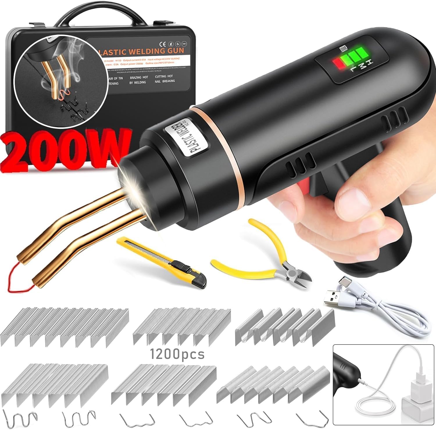 Bezprzewodowa spawarka do plastiku 200 W, ładowana przez USB, z baterią 5000 mA, 1200 zszywek, do naprawy zderzaków samochodowych