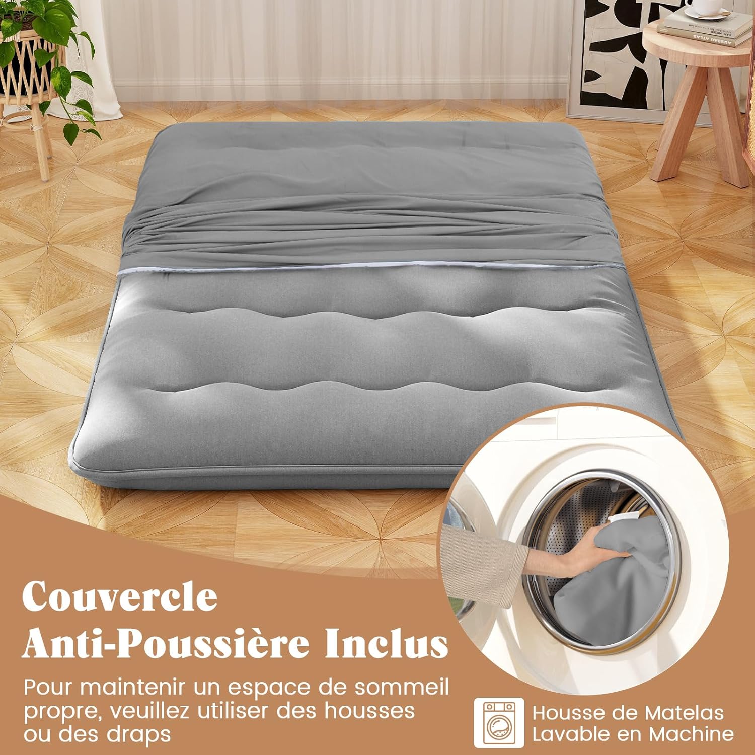 Matelas Futon Japonais 2 Personne 140x200CM, Lit de Couchage Enroulable de Sol Pliable et Portable, Sac de Transport pour Camping, Voyages, Gris - 5