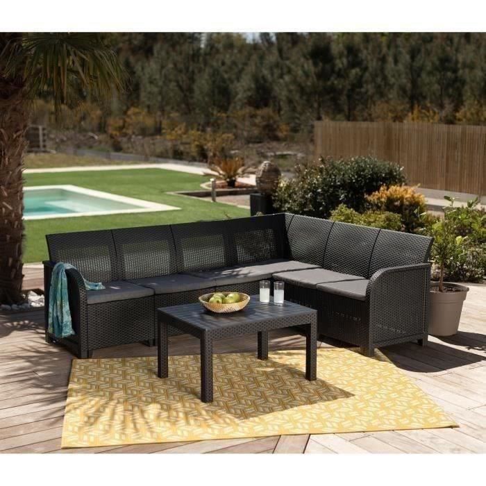 Canapé d'angle ALLIBERT by KETER - 6 personnes - Imitation rotin tressé avec table basse - Gris graphite - SanRemo - 6