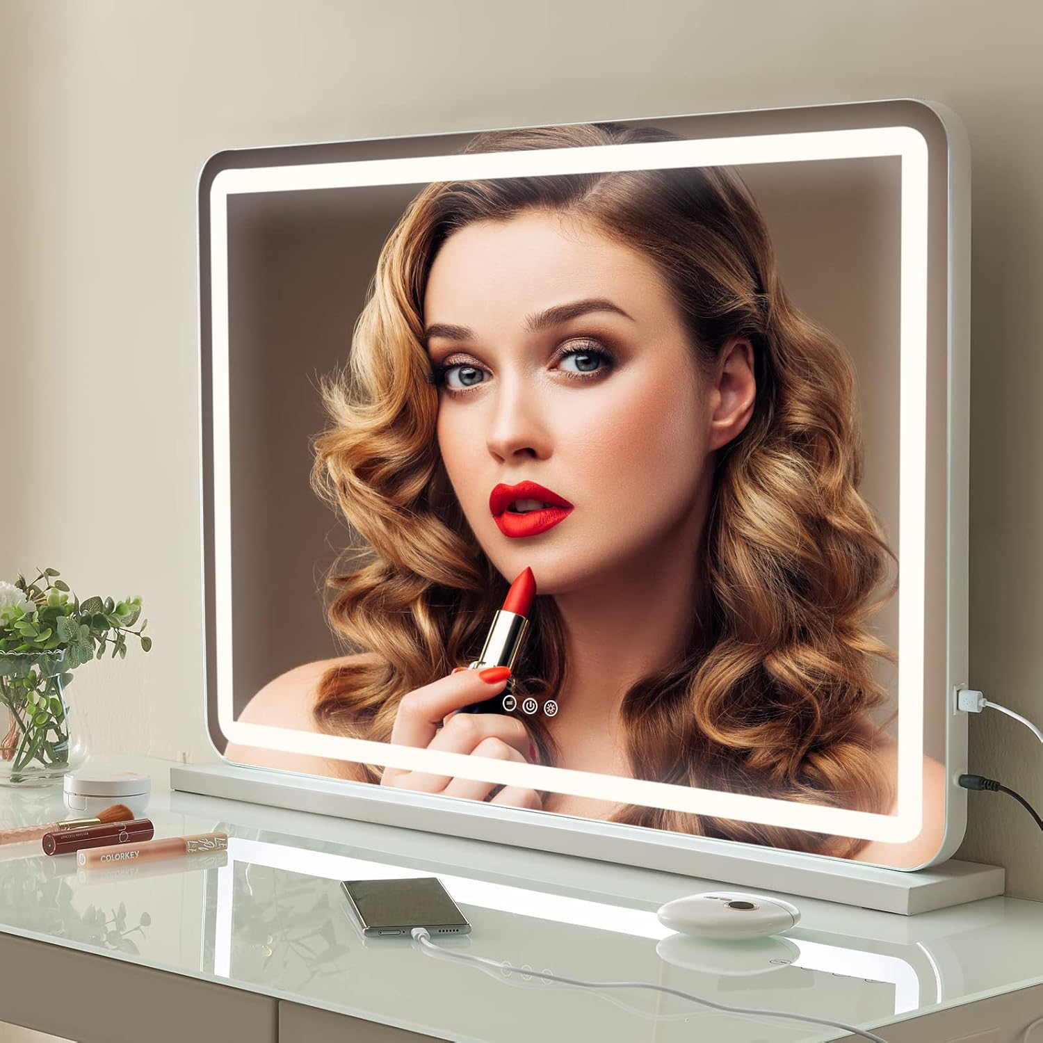 Miroir De Maquillage LED Avec Plateau Tournant - Sur Pied Bois, Rechargeable USB, Pour Coiffeuse