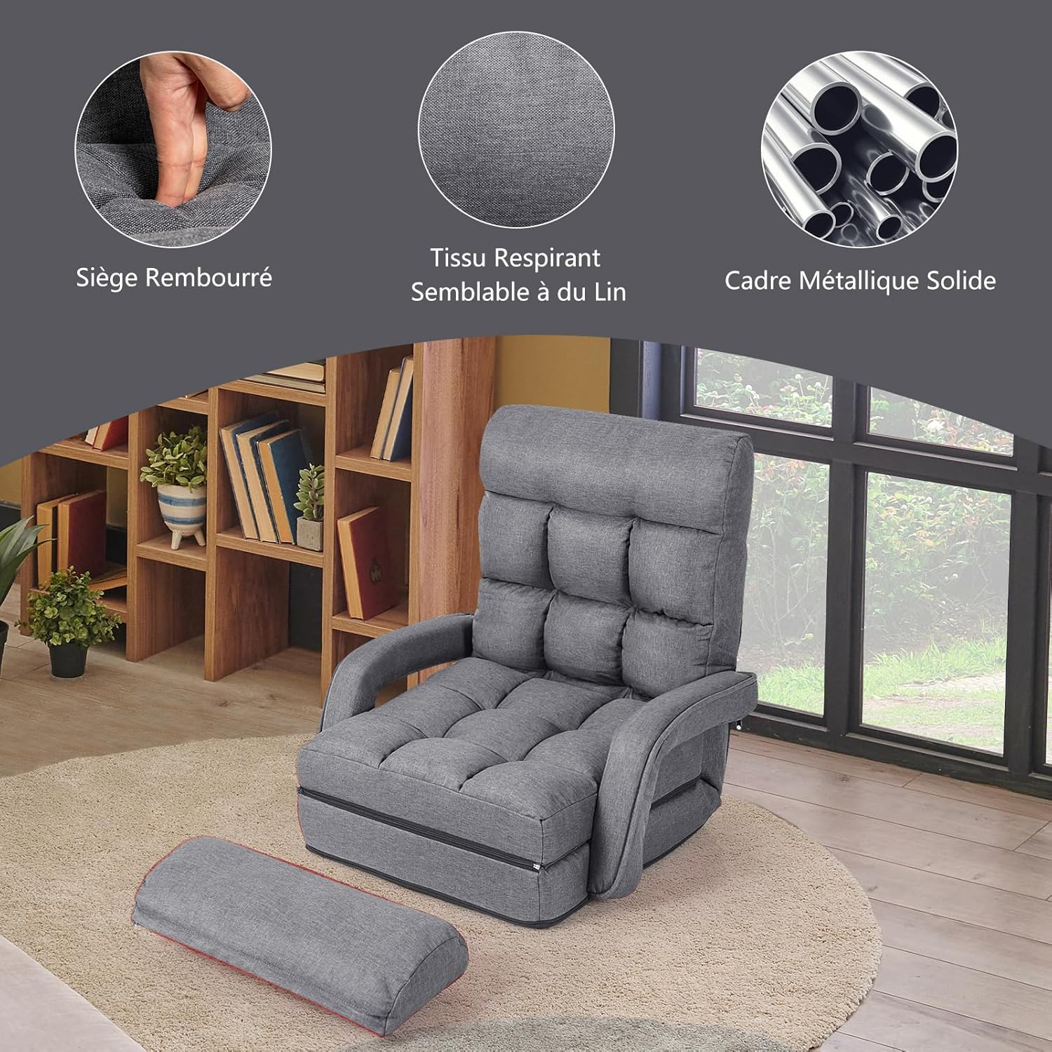 Fauteuil de Salon, Fauteuil Convertible avec Oreiller, Canapé-Lit Convertible Dossier Réglable, Rembourré d’Éponge Doux et Elastique, Gris - 3