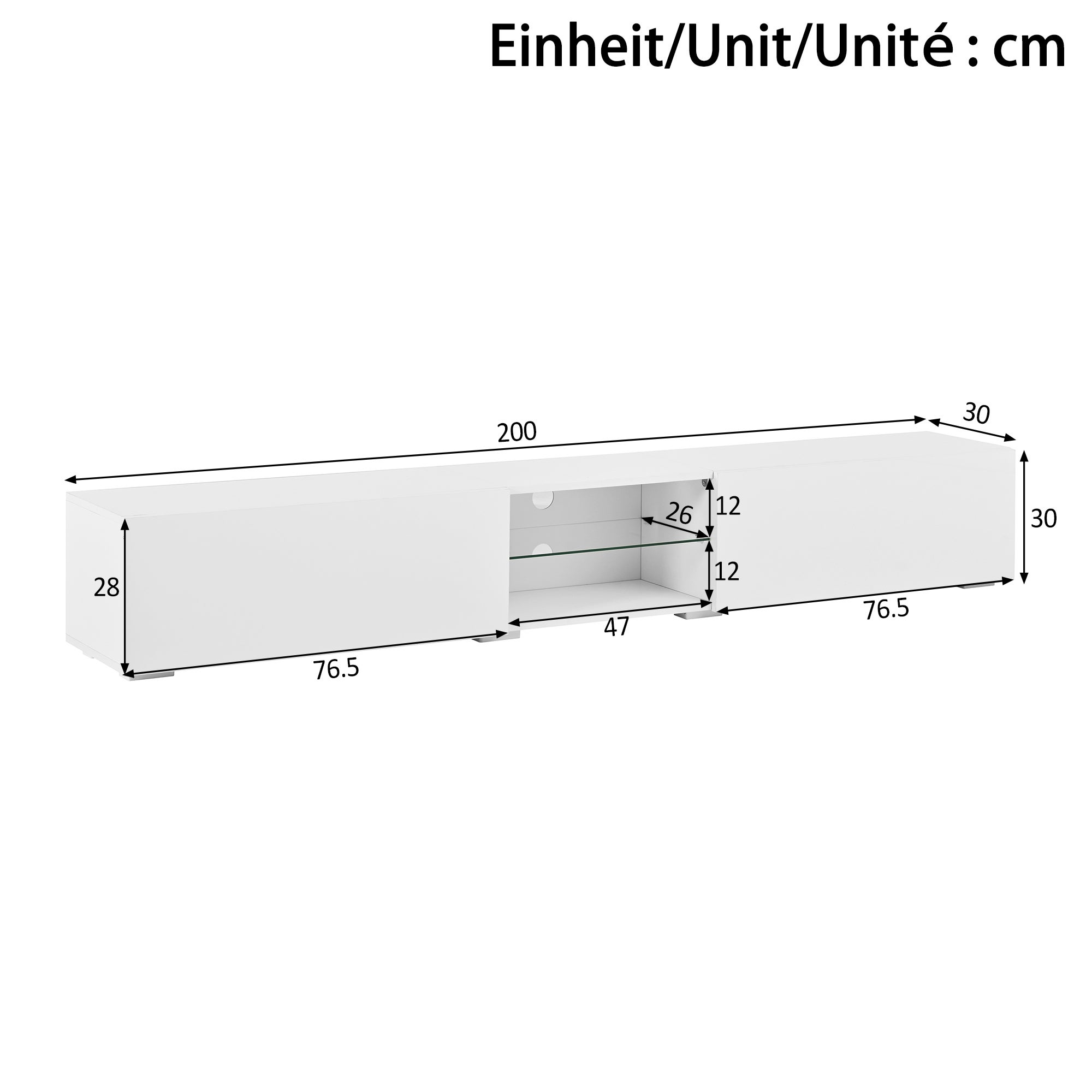 Szafka RTV 200 cm z 2 lakierowanymi drzwiami, oświetleniem LED i szklaną półką - Płyta wiórowa + MDF - 200 x 30 x 30 cm - Biała - 4