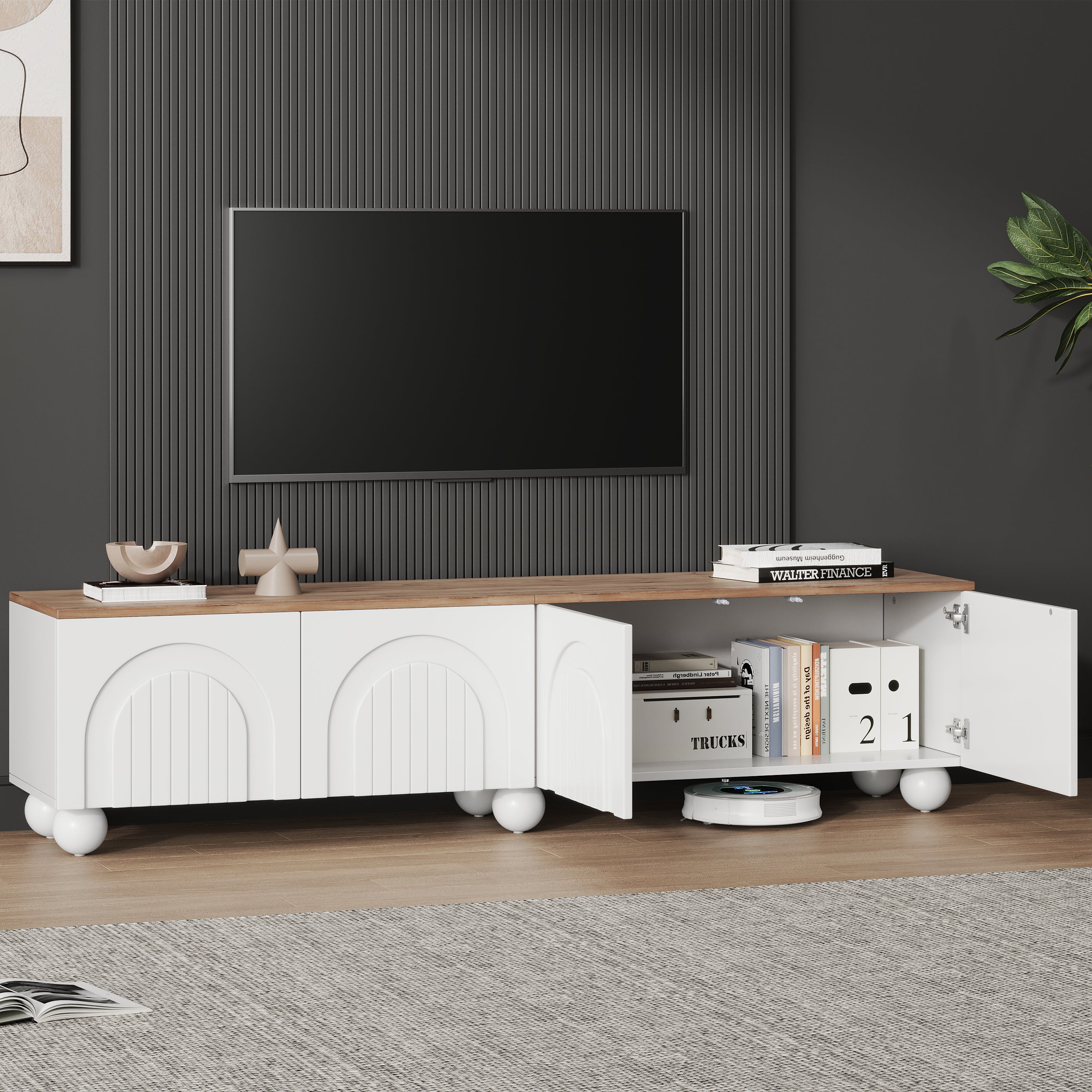 Meuble TV avec 4 portes pour tv 80 pouces - 180 x 40 x 45 cm - MDF - pour salon ou chambre - Blanc + Chêne - 4