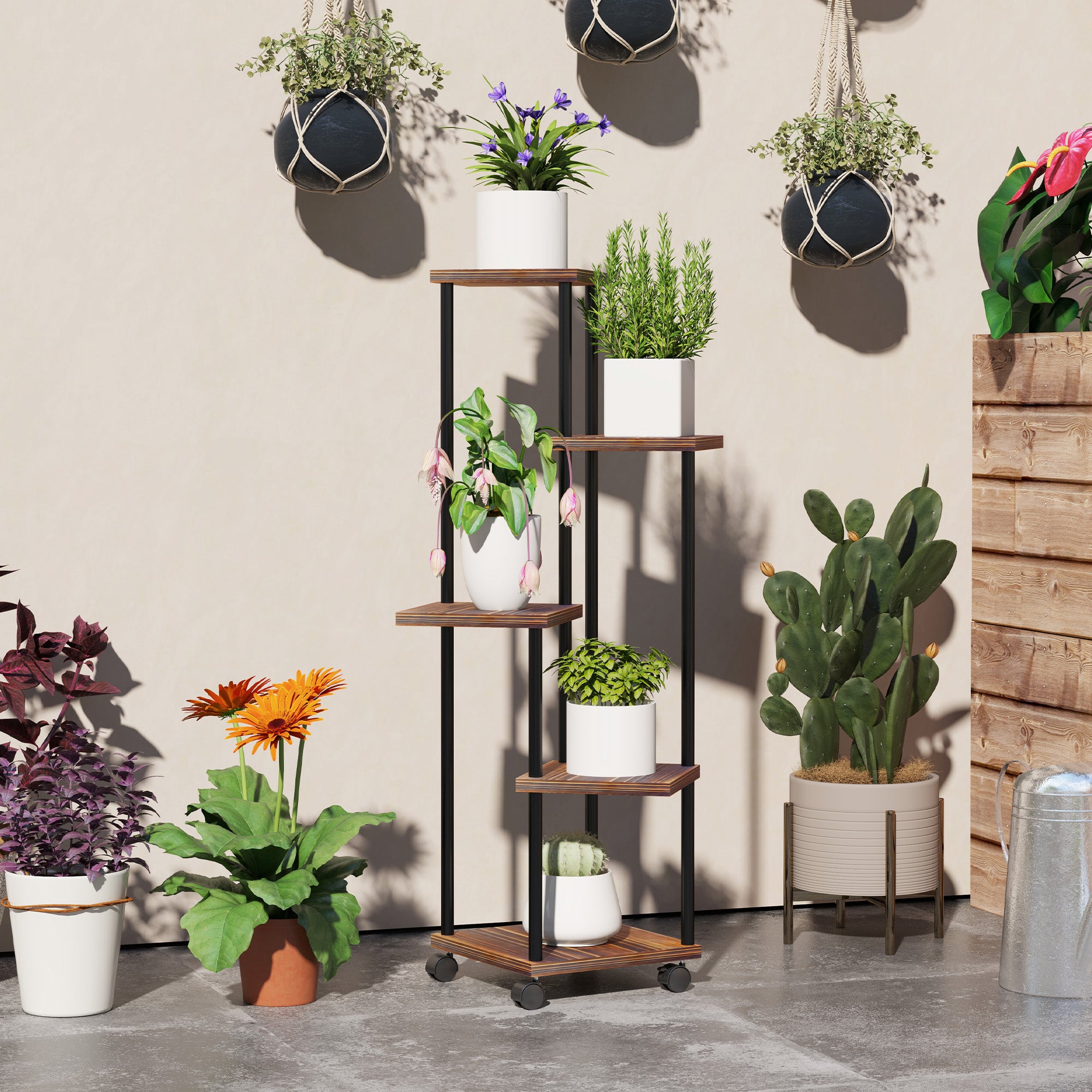 Étagère plantes 5 niveaux avec roulettes, support fleurs intérieur extérieur en acier et bois 110cm - 2
