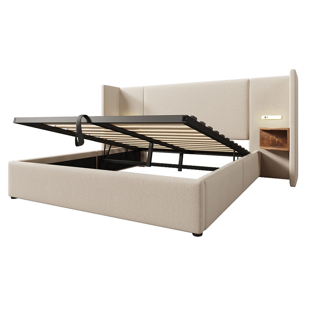 Lit double capitonné 160 x 200 avec table de chevet, liseuse et chargeur USB Type-C, beige, lin. - 6