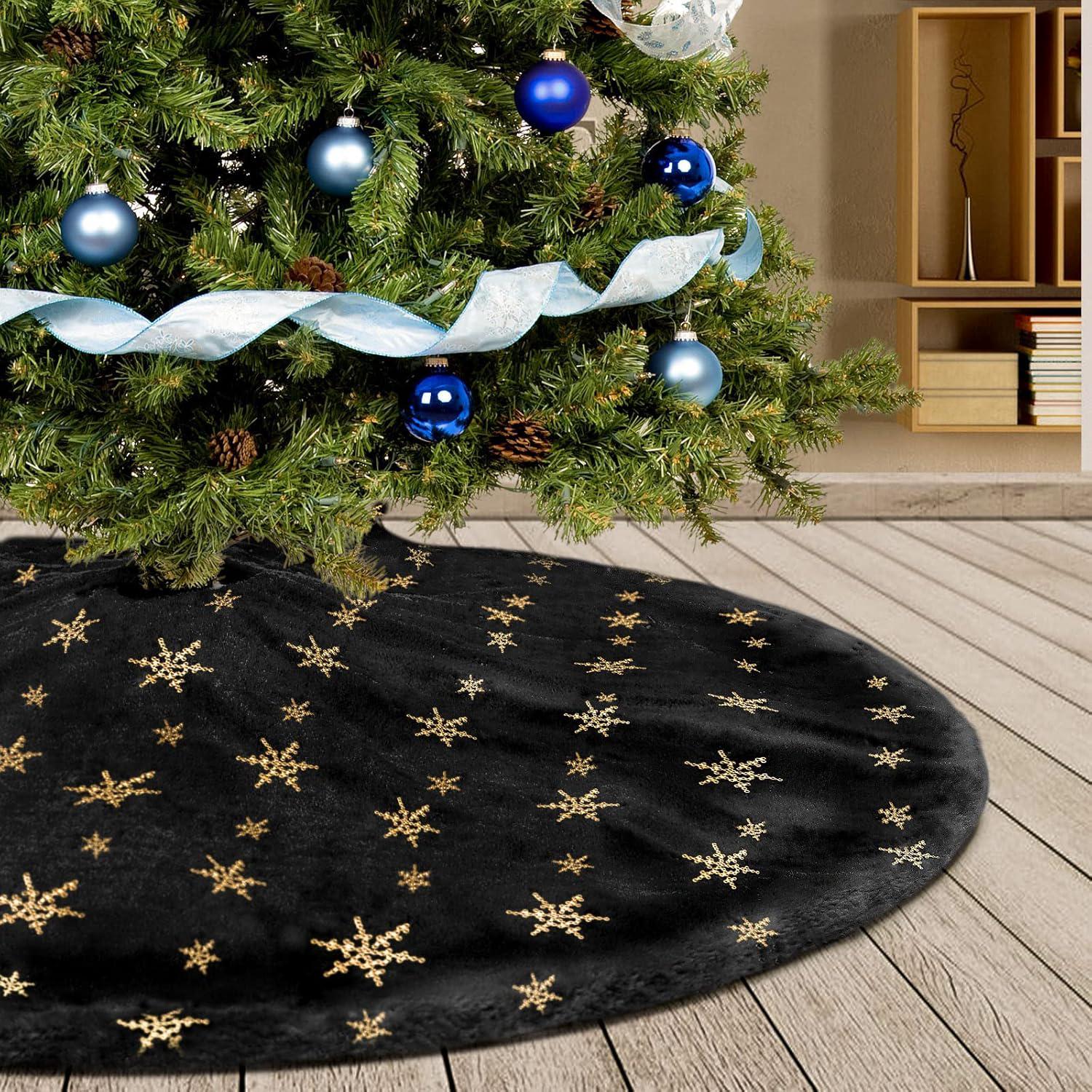 Gonna Per Albero Di Natale 91 Cm In Finta Pelliccia – Design Fiocchi Di Neve Con Paillettes Dorate – Morbido Peluche Bianco E Oro