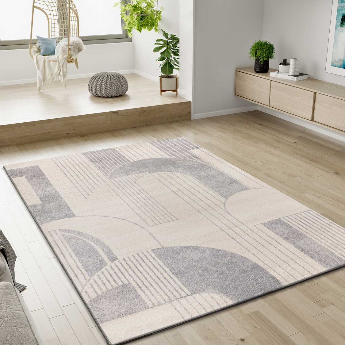 Tapis géométrique réversible beige lin d'intérieur et d'extérieur 160x230 cm