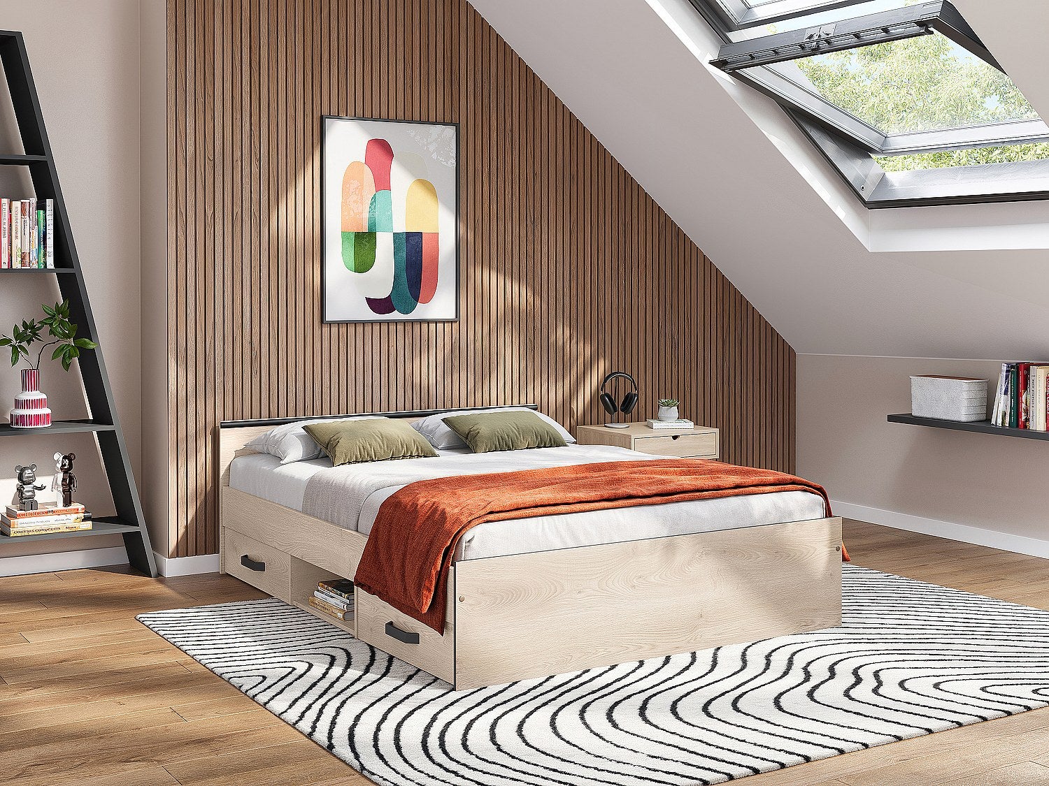 Łóżko ze skrzynią 140 x 190 cm - 2 szuflady i 1 wnęka - Kolory: naturalny + stelaż - PABLO
