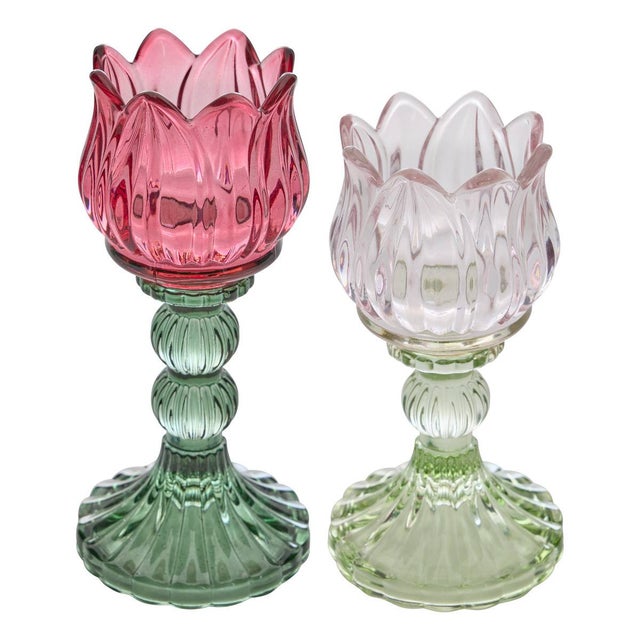2 Portavelas Flores Rosas y Blancas 8x8x17cm , Atmosphera Créateur d'intérieur