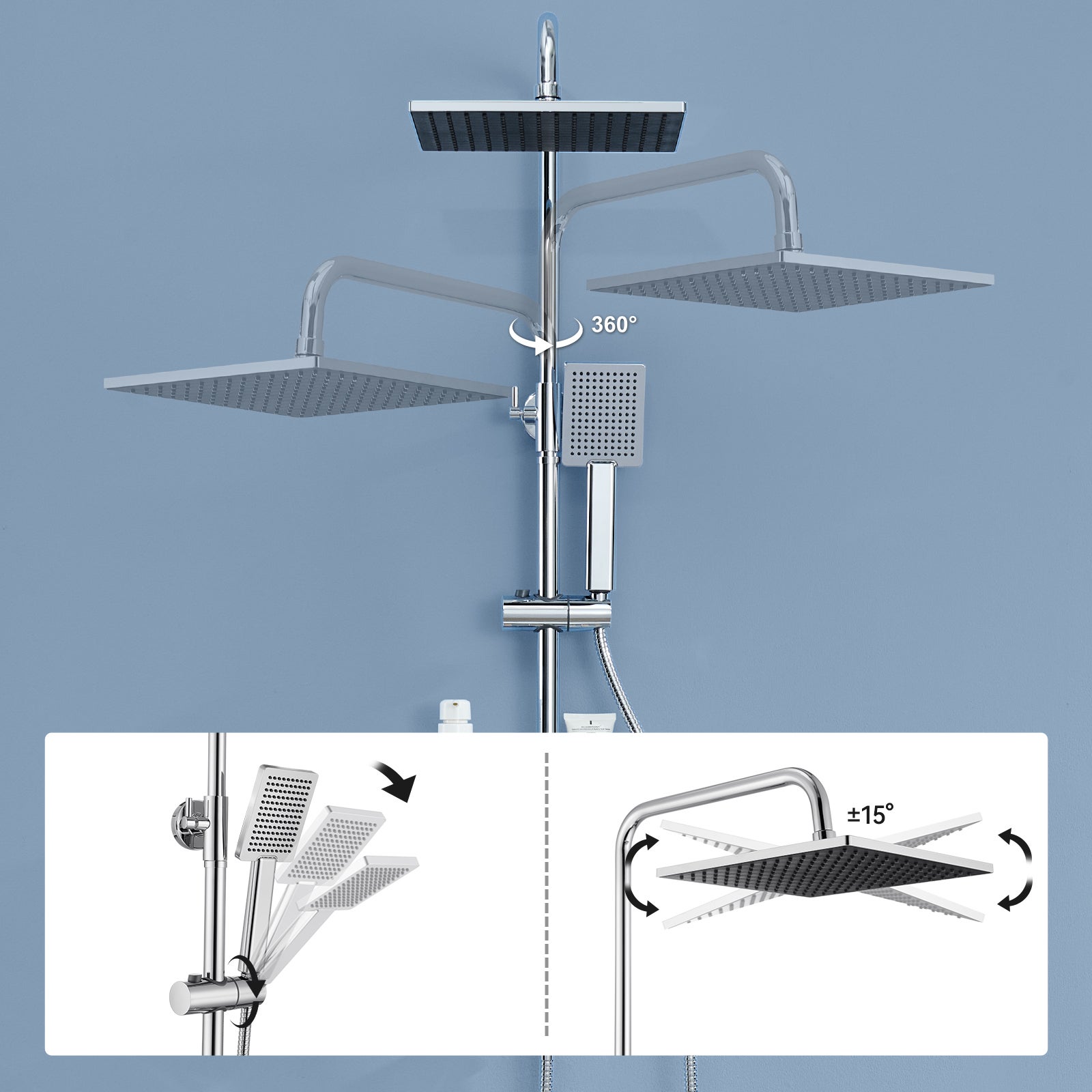 Auralum max Colonne Douche Sans Robinet en Inox Chromée- Ensemble Mural Réglable Avec Pommeau Effet Pluie Carré(25.5*25.5 CM),Douchette/Étagère - 5