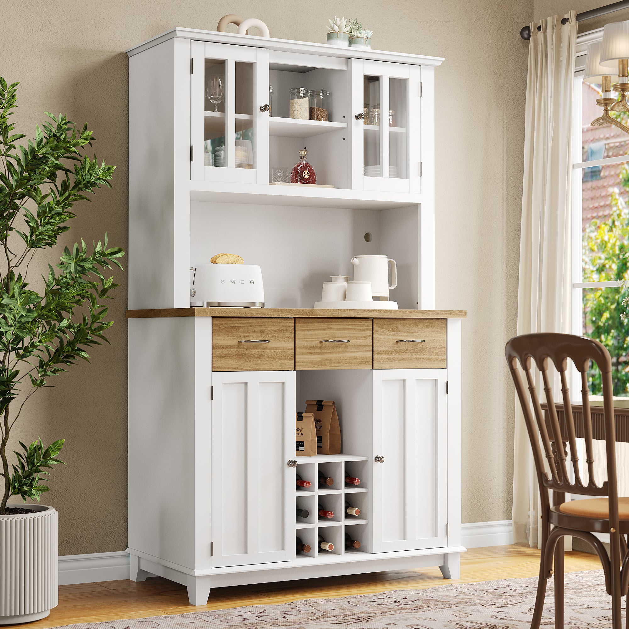 Kredens kuchenny z 4 drzwiami i 3 szufladami - 106 x 40 x 179,5 cm - Płyta MDF - Diody LED - Regulowane półki - Biały - 5