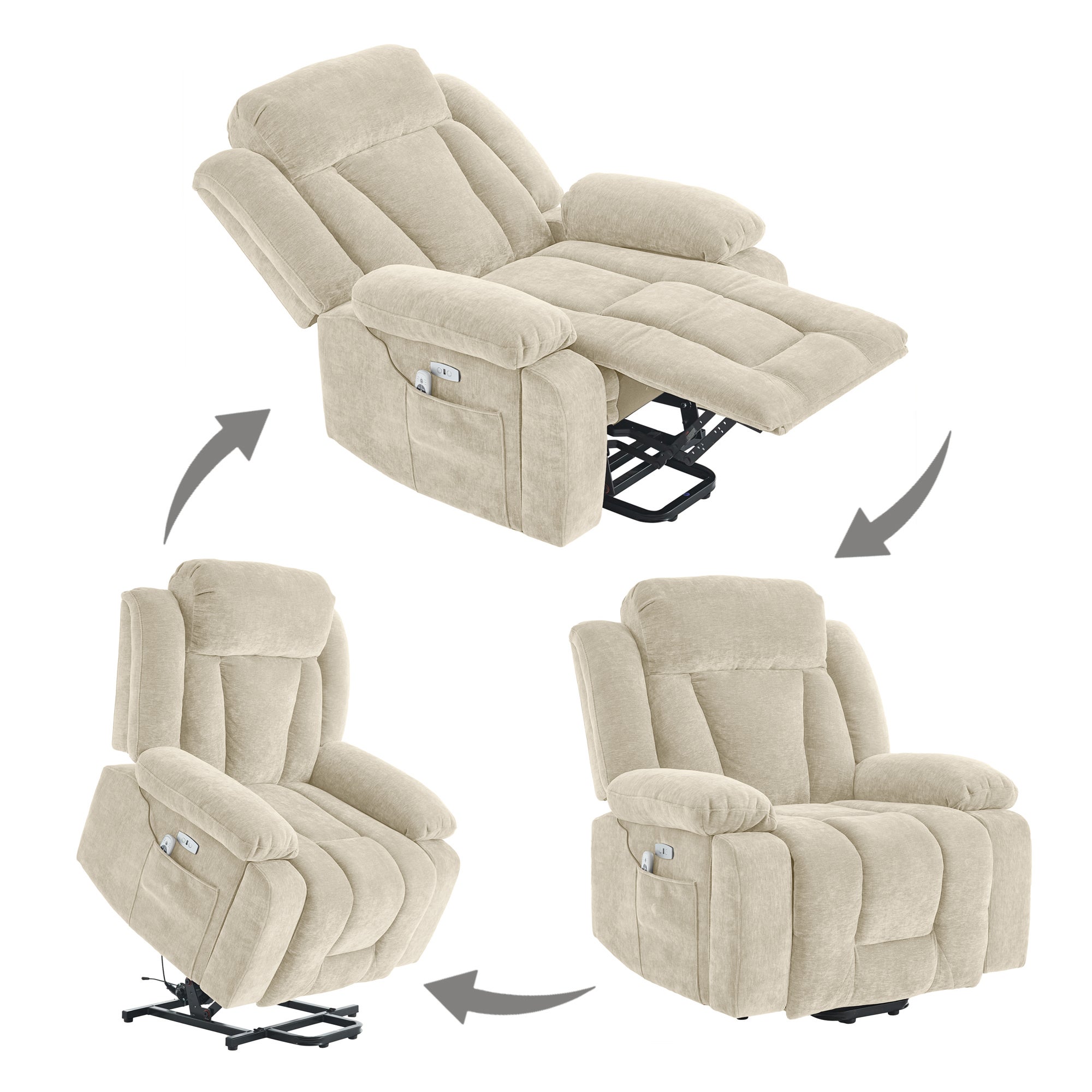 Fauteuil de massage électrique inclinable avec massage 8 points et fonction chauffante - 95 x 94 x 107 cm - Prise USB - Tissu en chenille - Beige - 7