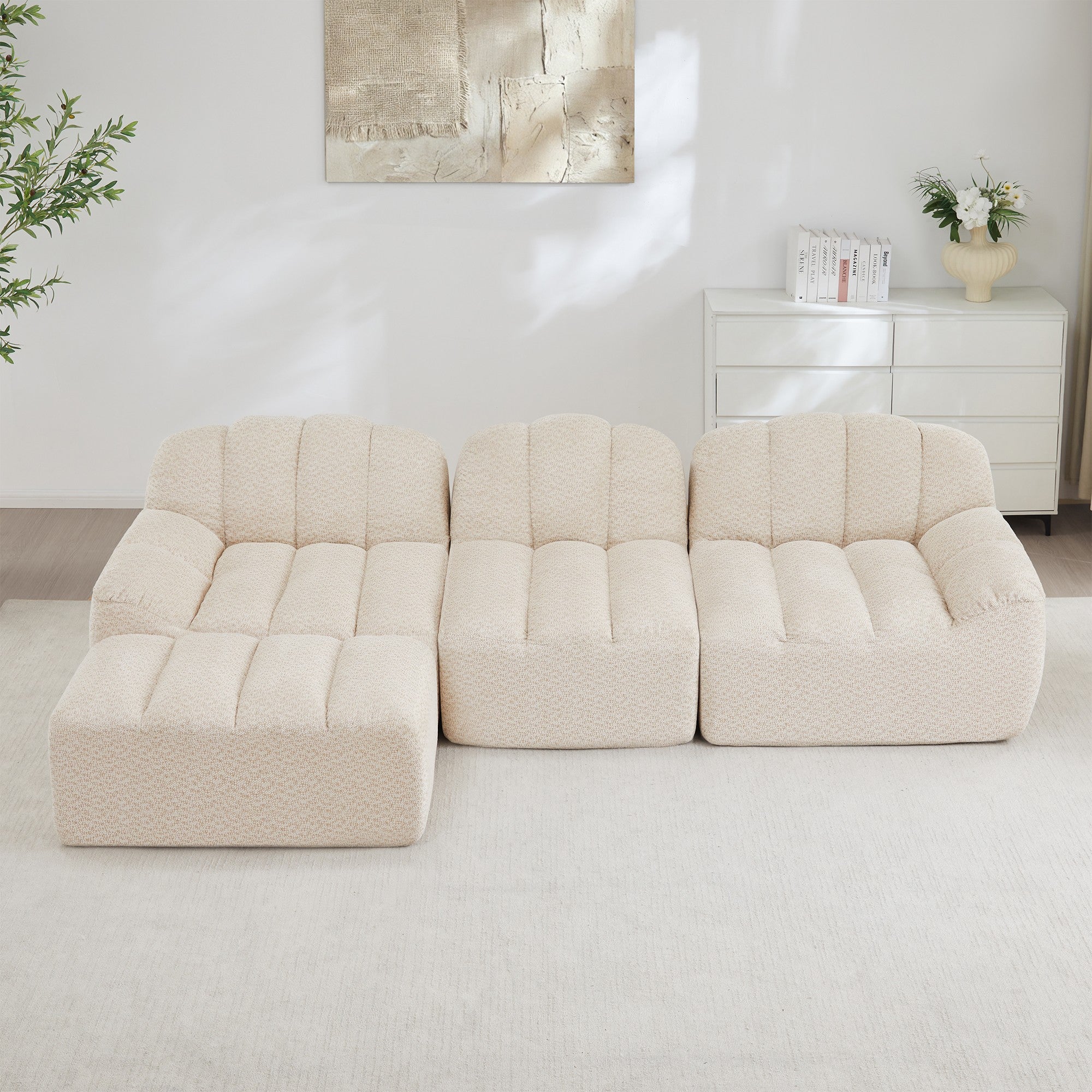 Canapé Modulable 3 Places en L avec Pouf, Canapé Sans Cadre en Mousse 32D, Assise Profonde, Salon, Tissu Velours Côtelé, Beige Blanc - 3