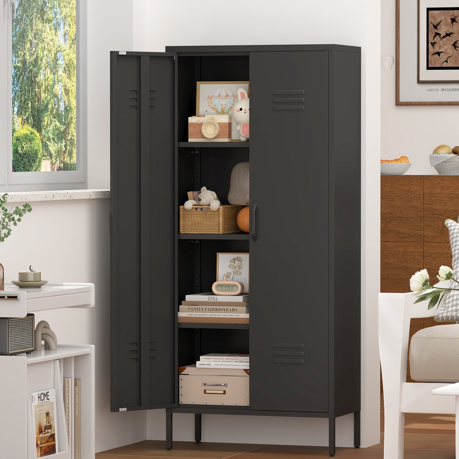 Armario alto de metal negro con 2 puertas y estantes ajustables, armario utilitario multifuncional para oficina en casa, cuarto de servicio y garaje. - 3