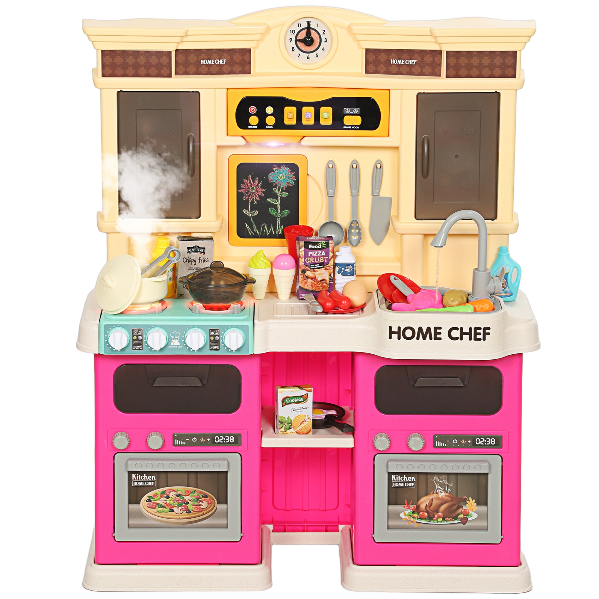 Cocina de juguete con agua corriente, grifo eléctrico, 85 piezas, luces y sonidos, plástico, verde, para niños de 3-6 años